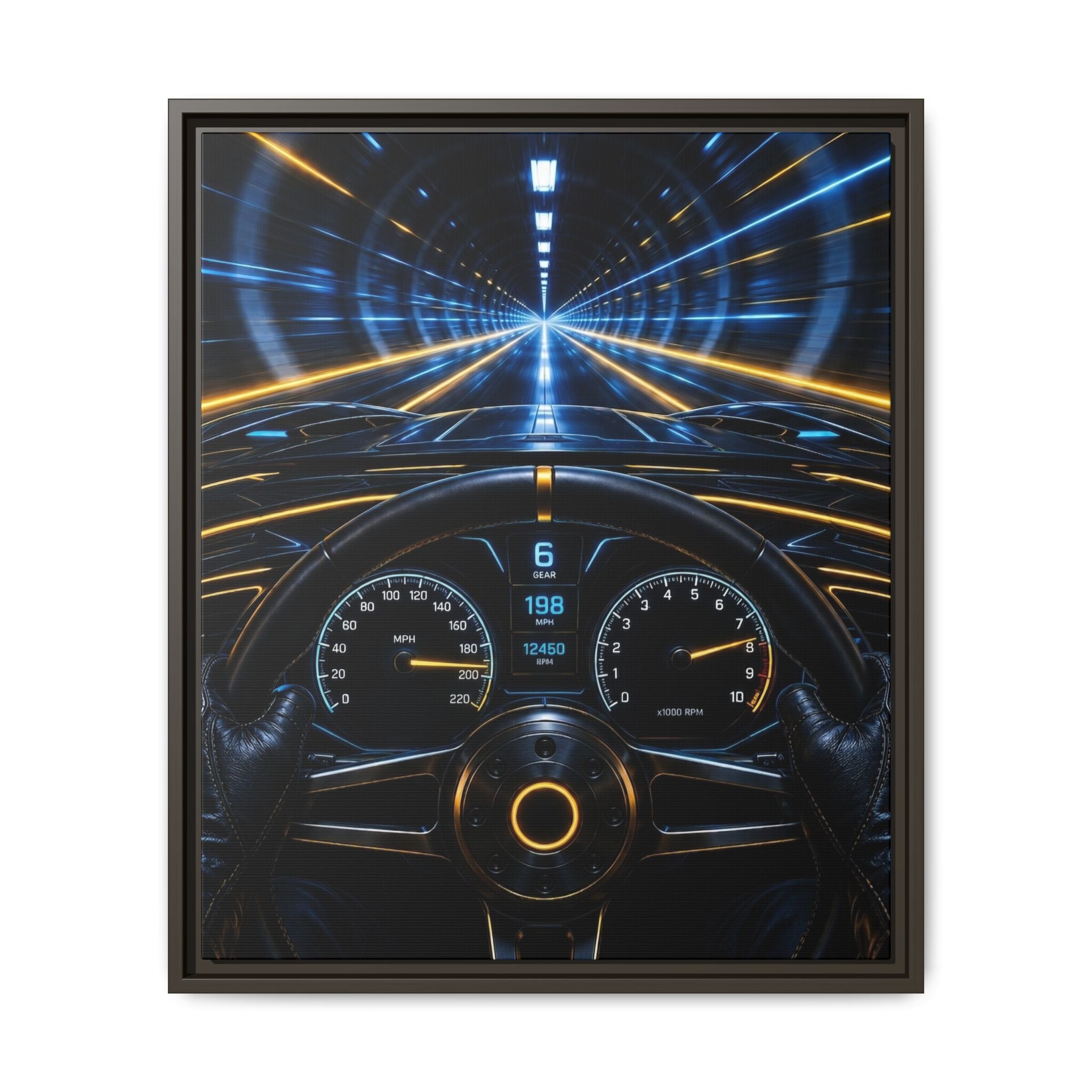 Tunnel Drive Framed Canvas Print — Retro Futuristic Car Dashboard Wall Art