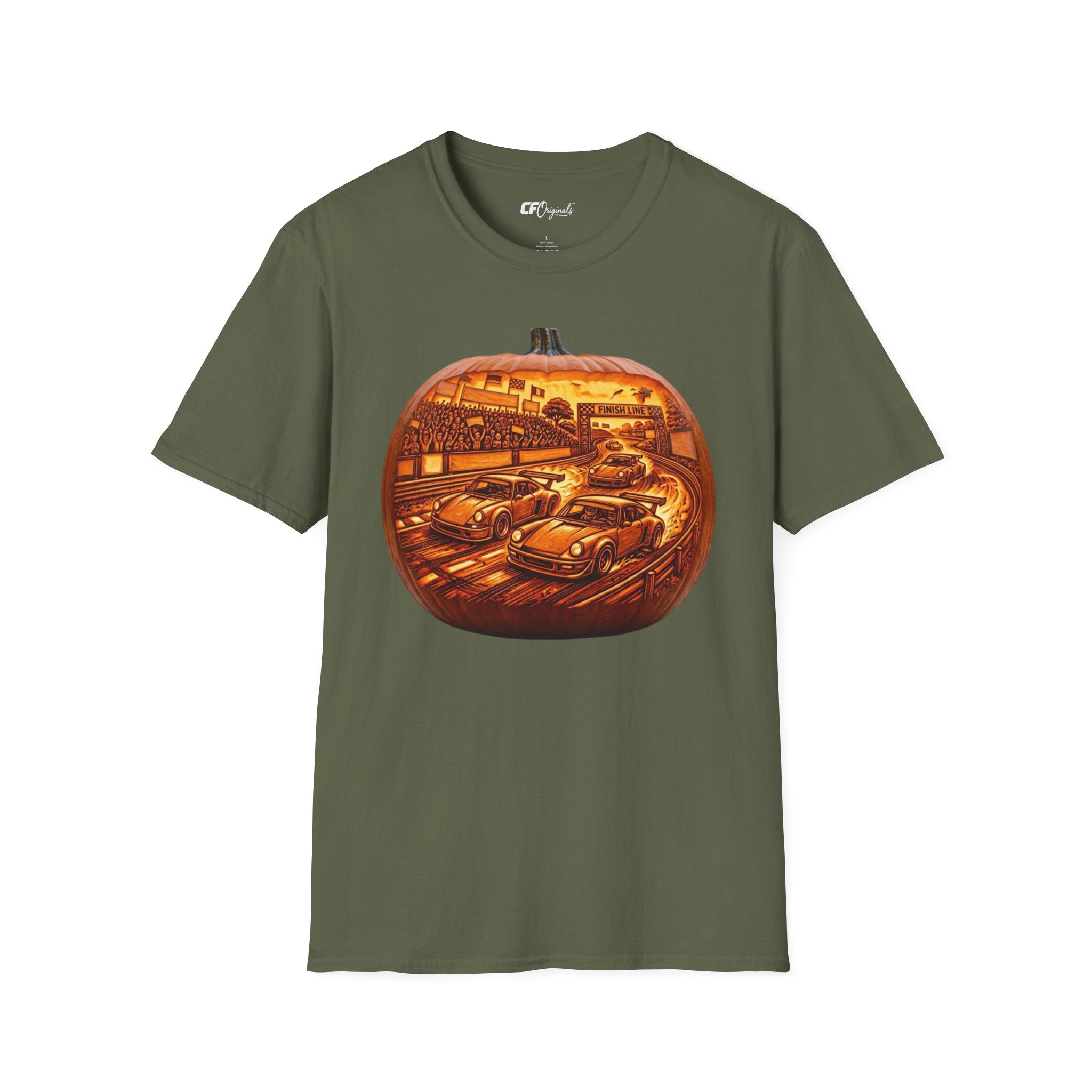 Vintage Racing Pumpkin T-Shirt — Retro Car Grand Prix Halloween Tee