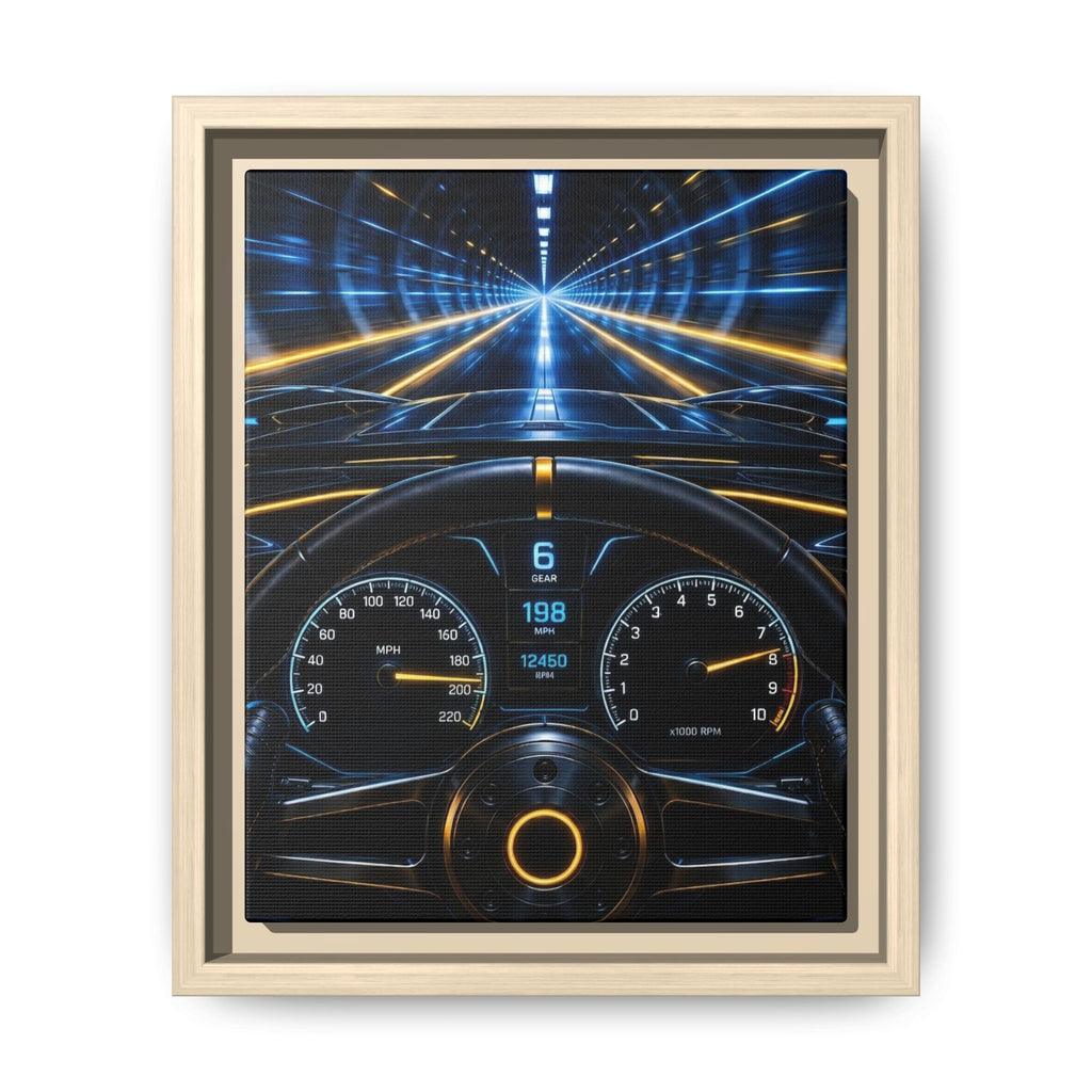 Tunnel Drive Framed Canvas Print — Retro Futuristic Car Dashboard Wall Art