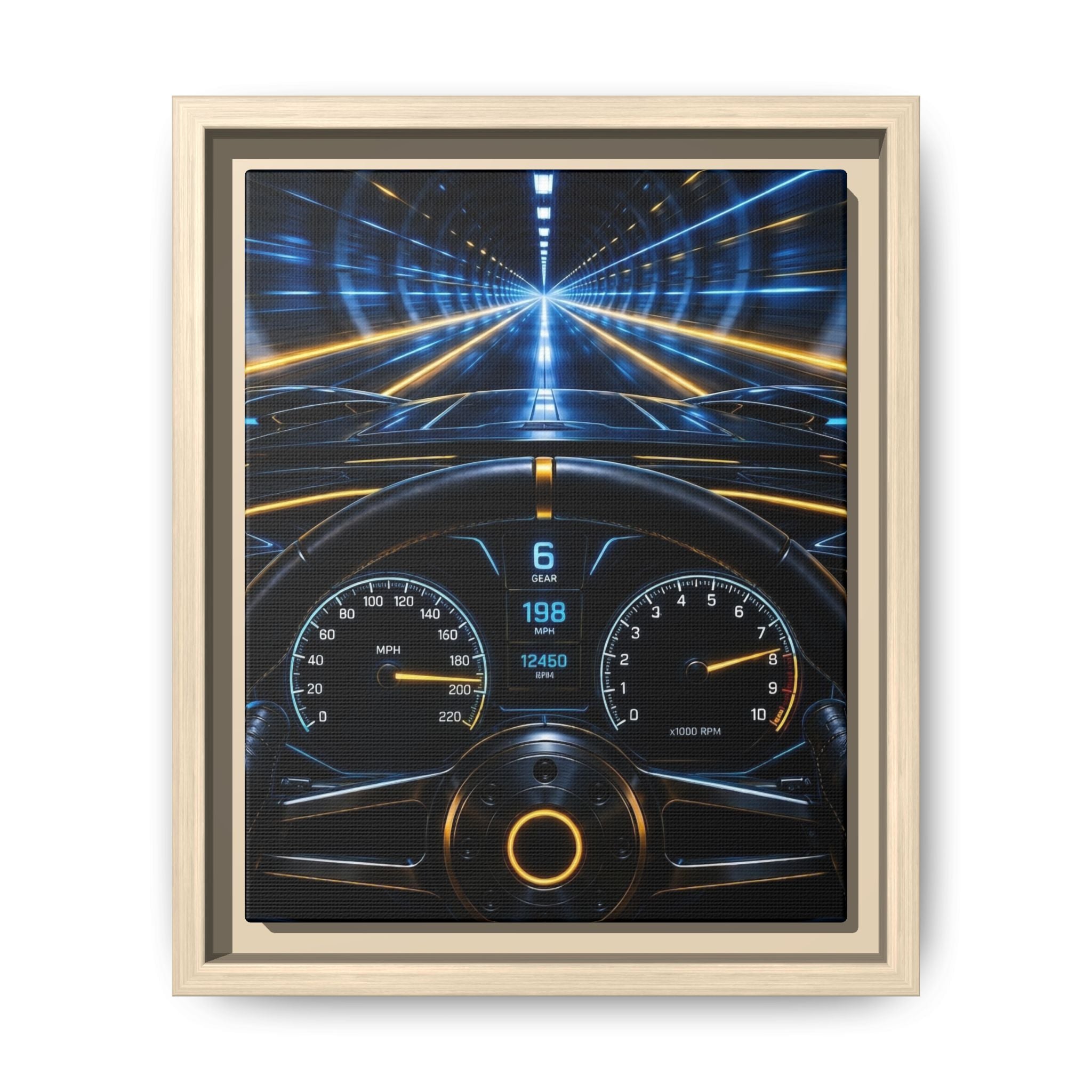 Tunnel Drive Framed Canvas Print — Retro Futuristic Car Dashboard Wall Art