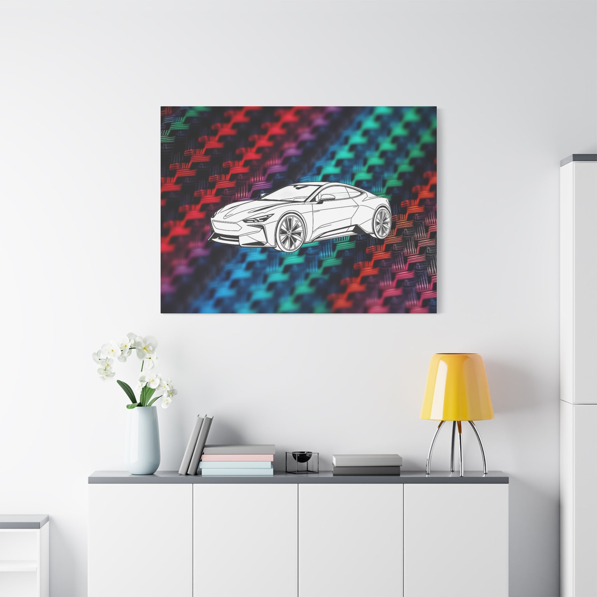 Modern Sports Car Canvas Wall Art – White Line Drawing on Rainbow Carbon Fiber Background