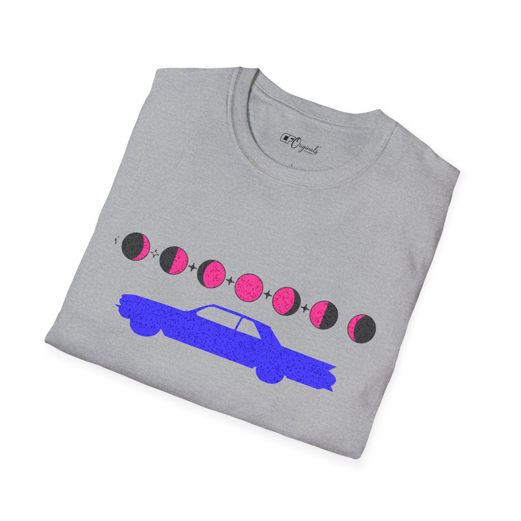 Retro Moon Phase Car T‑Shirt — Blue Classic Car with Pink Moon Phases