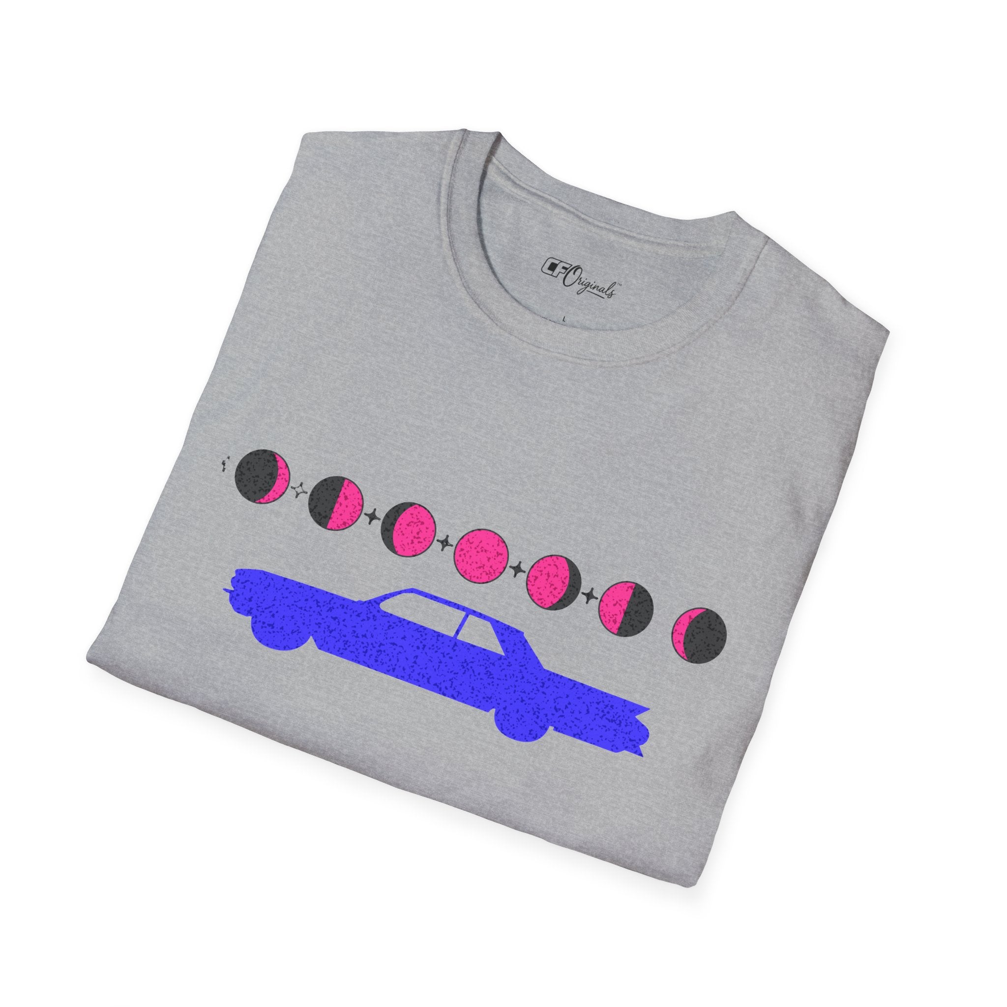 Retro Moon Phase Car T‑Shirt — Blue Classic Car with Pink Moon Phases