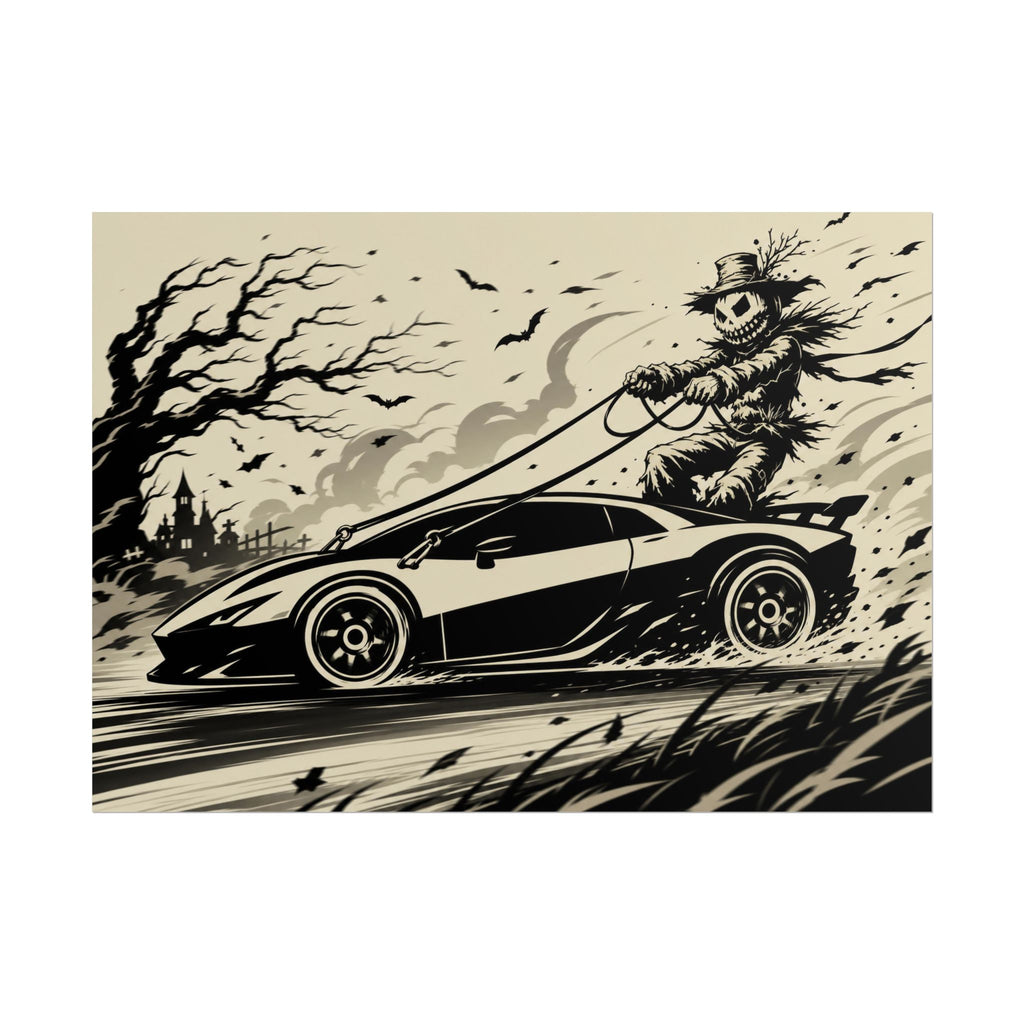 Poster - Scarecrow Driving Sports Car Vintage Halloween Art Print