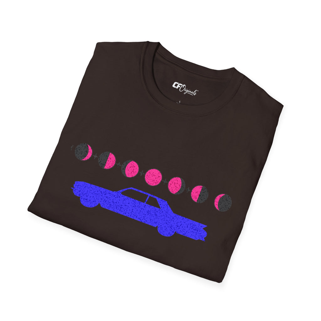 Retro Moon Phase Car T‑Shirt — Blue Classic Car with Pink Moon Phases