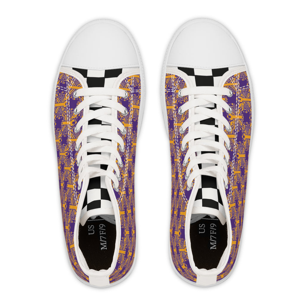 Purple and Gold Wrench High-Tops — Women's Patterned Canvas Shoes