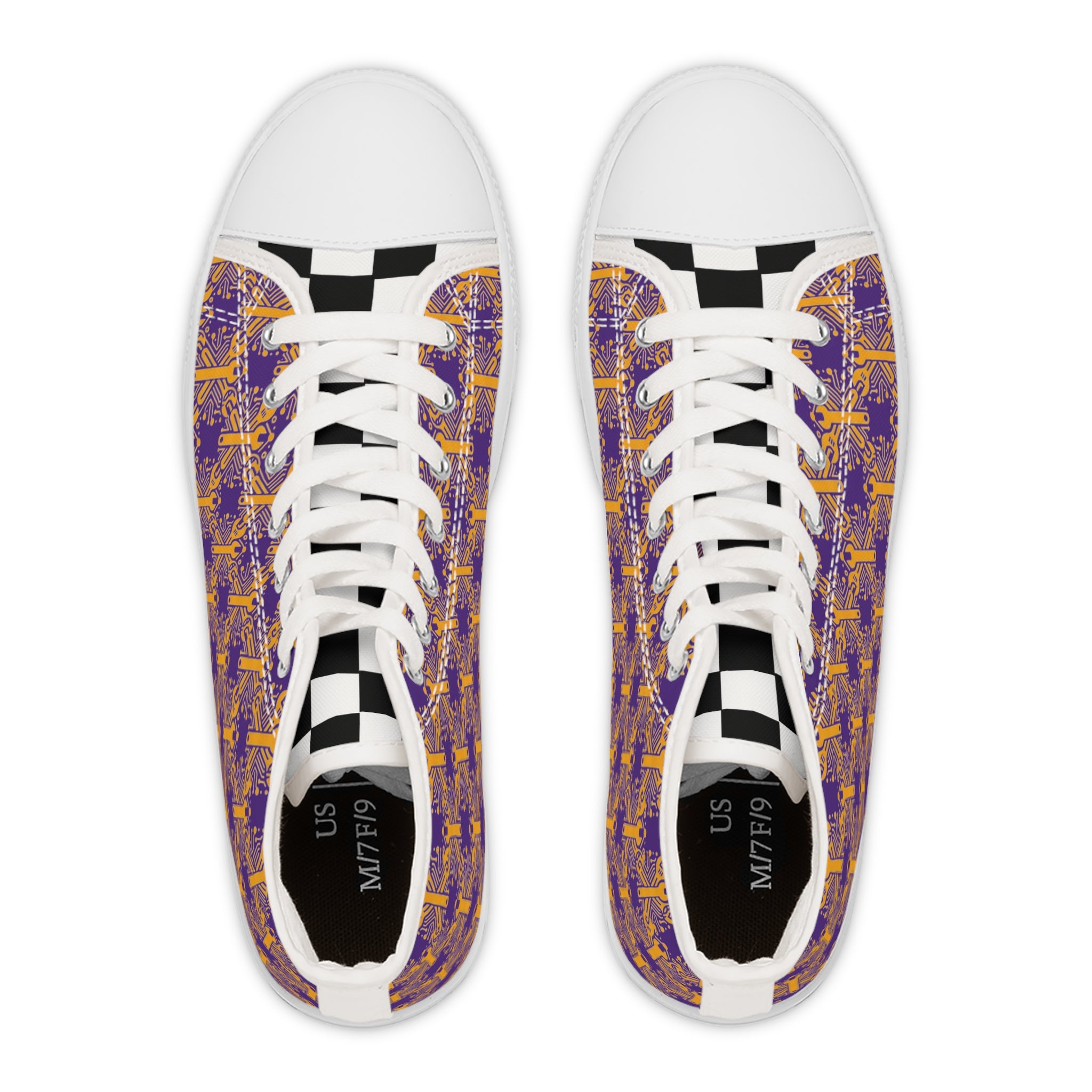 Purple and Gold Wrench High-Tops — Women's Patterned Canvas Shoes