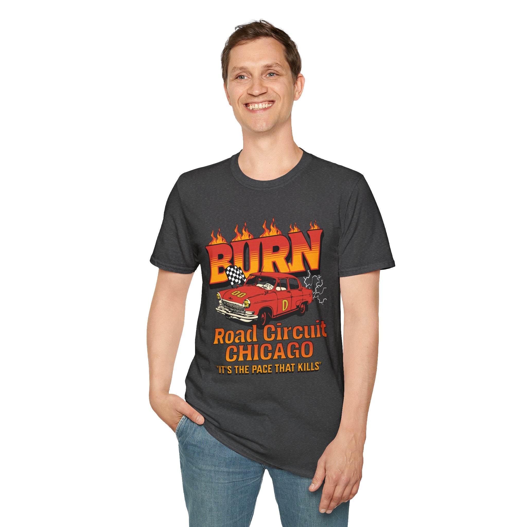 Racing 'BURN' Graphic Tee — Retro Flaming Racecar Chicago Track Shirt