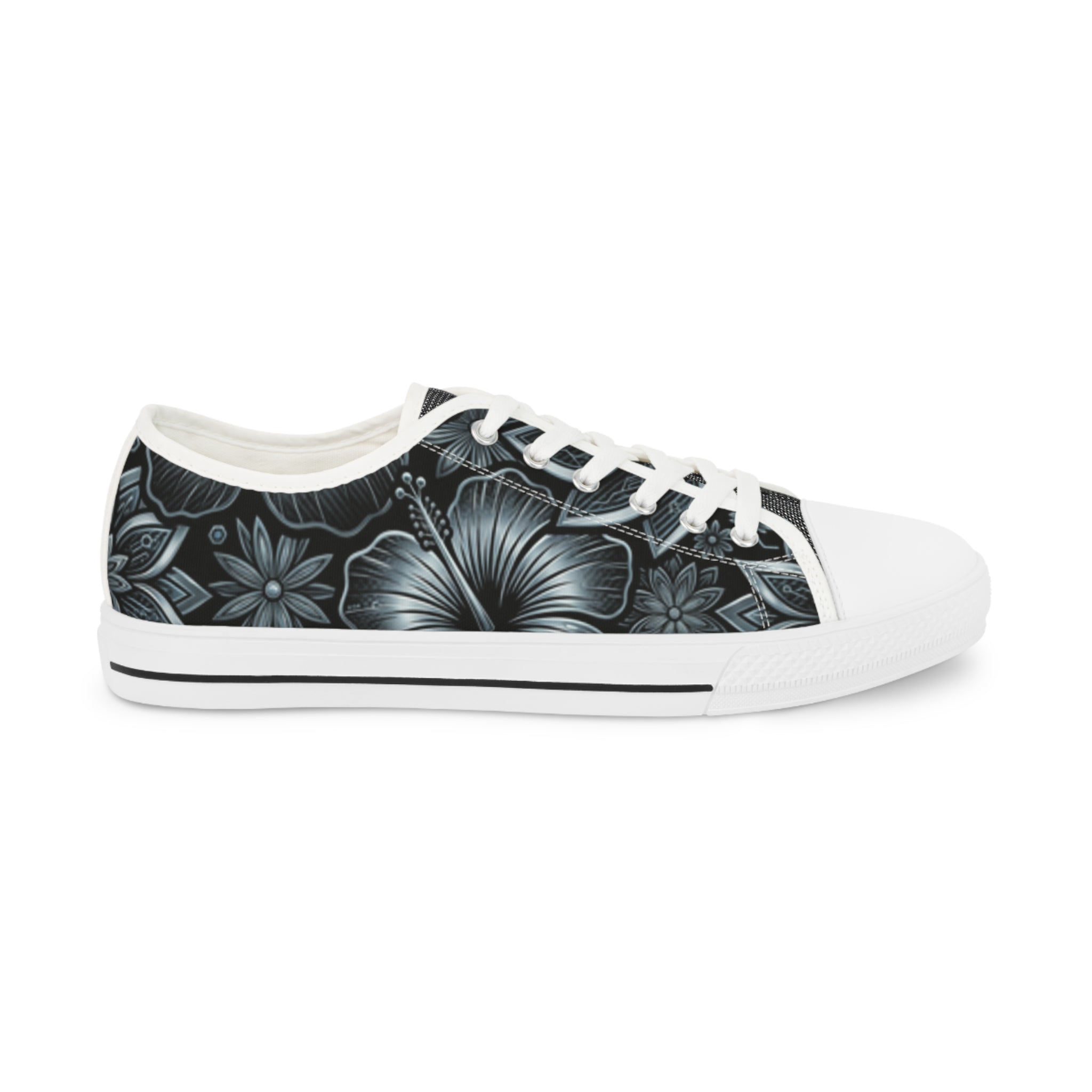 Men's Hibiscus Low Top Sneakers — Black & Silver Tropical Canvas Shoes