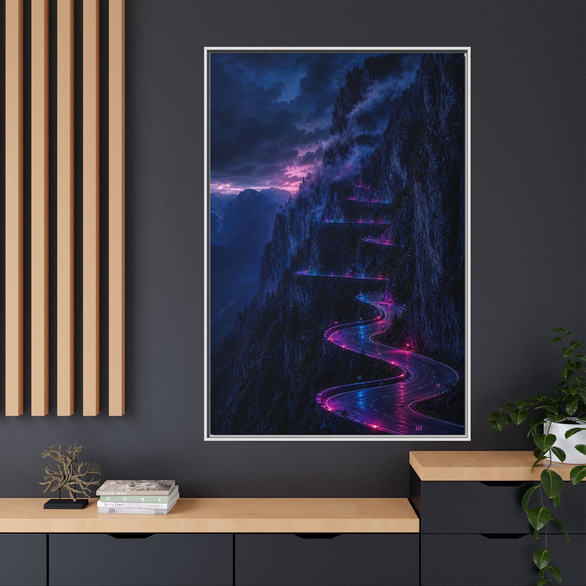 Neon Mountain Road Matte Canvas Print — Framed Nightscape Wall Art