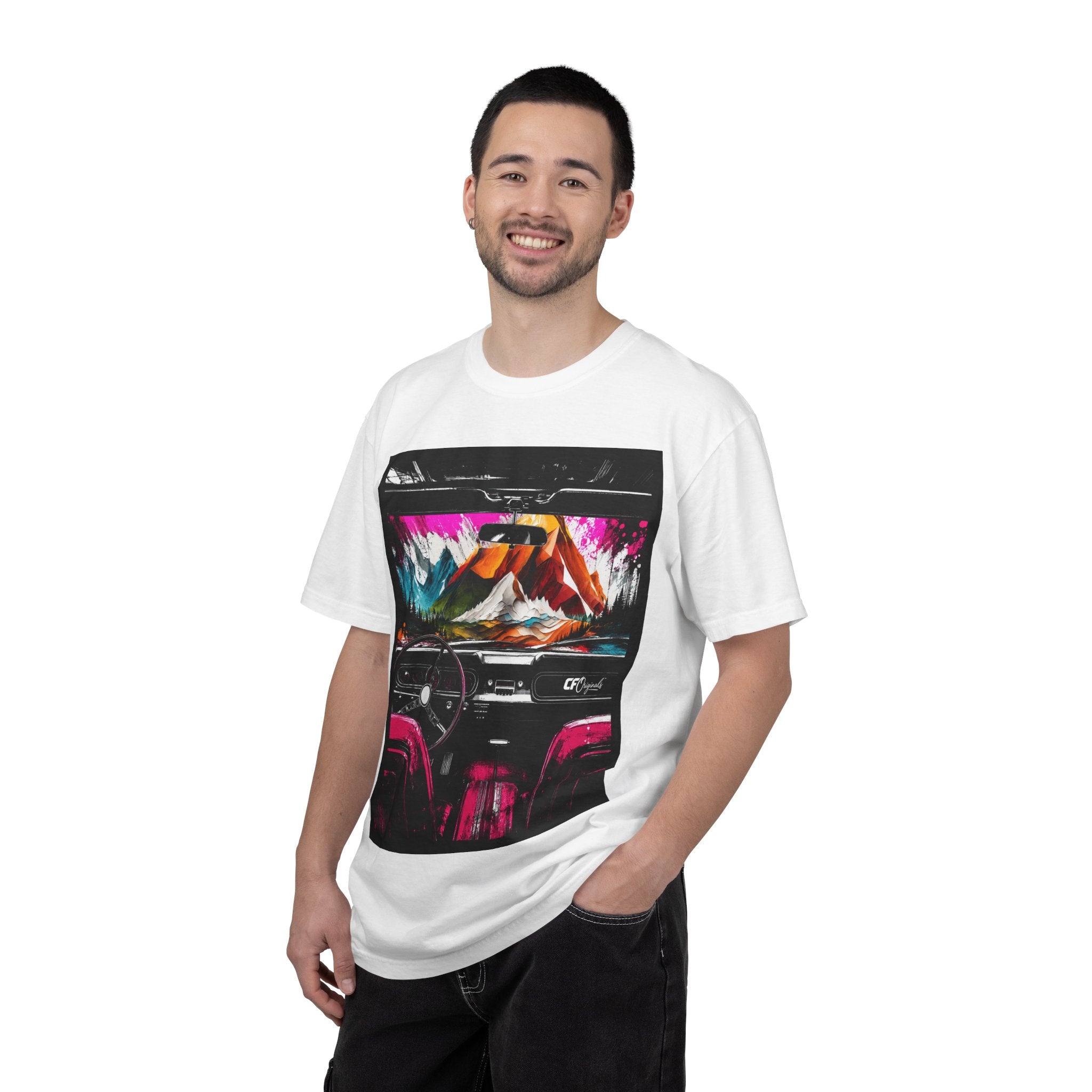 CarFits.store Big Prints T-Shirt — Retro Engine & Scenic Drive