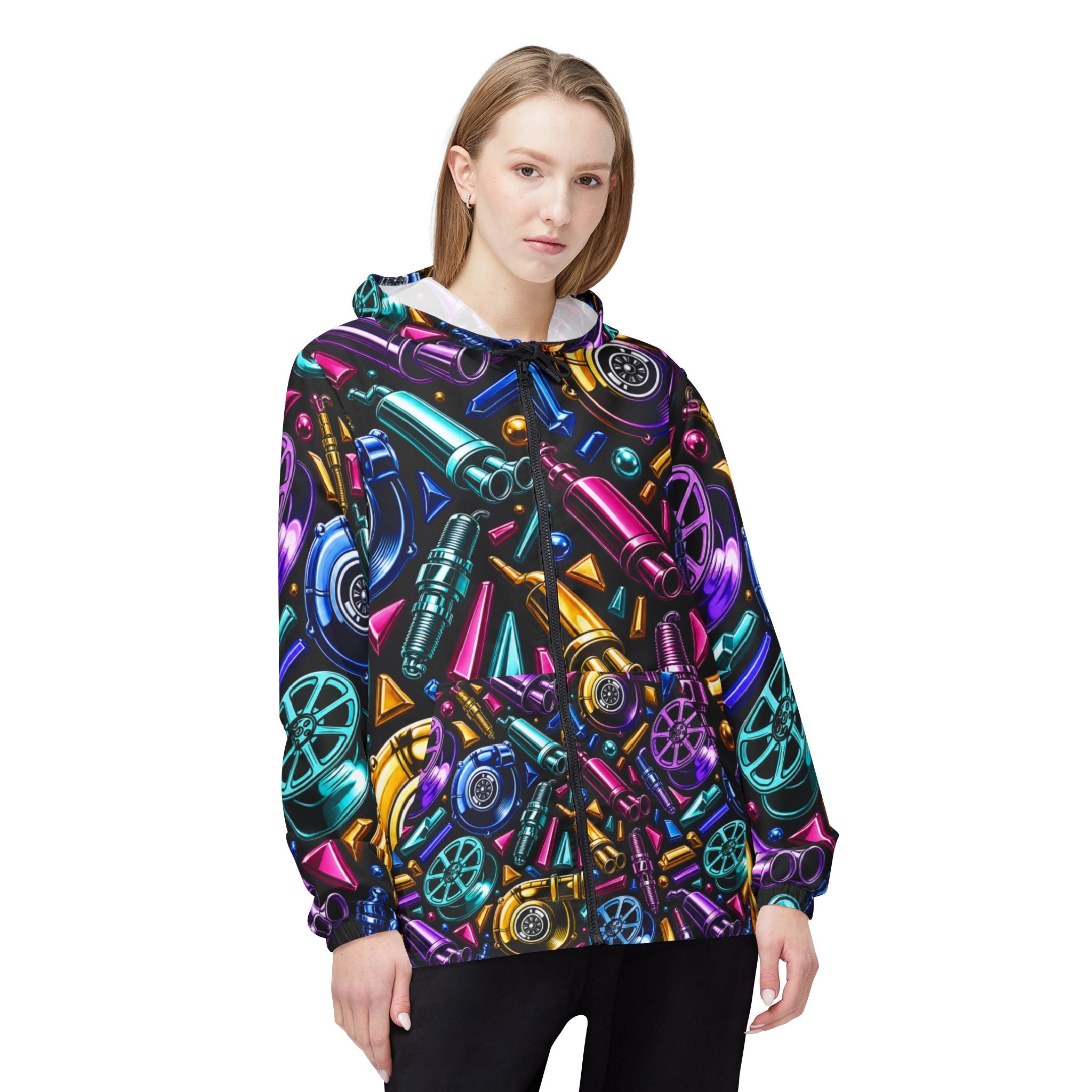 Windbreaker Jacket — Neon Gear All-Over Print