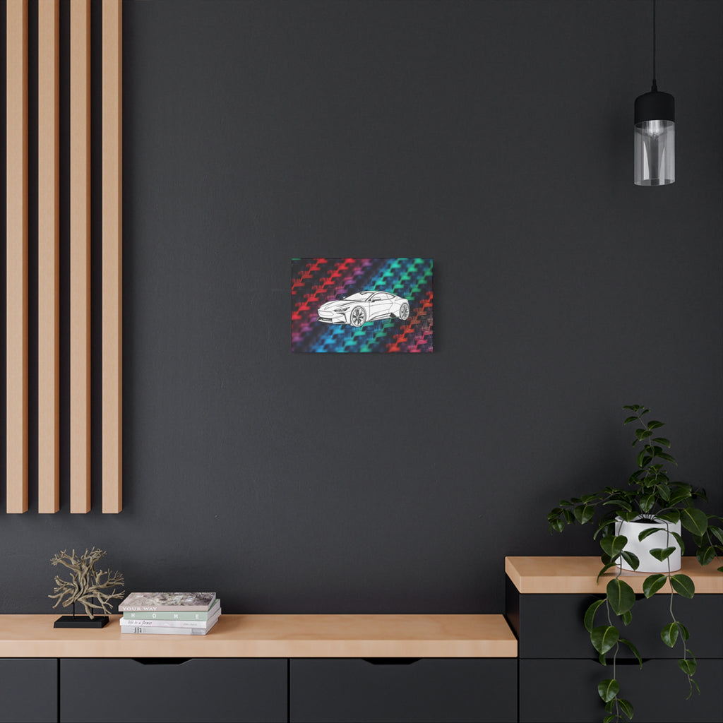 Modern Sports Car Canvas Wall Art – White Line Drawing on Rainbow Carbon Fiber Background