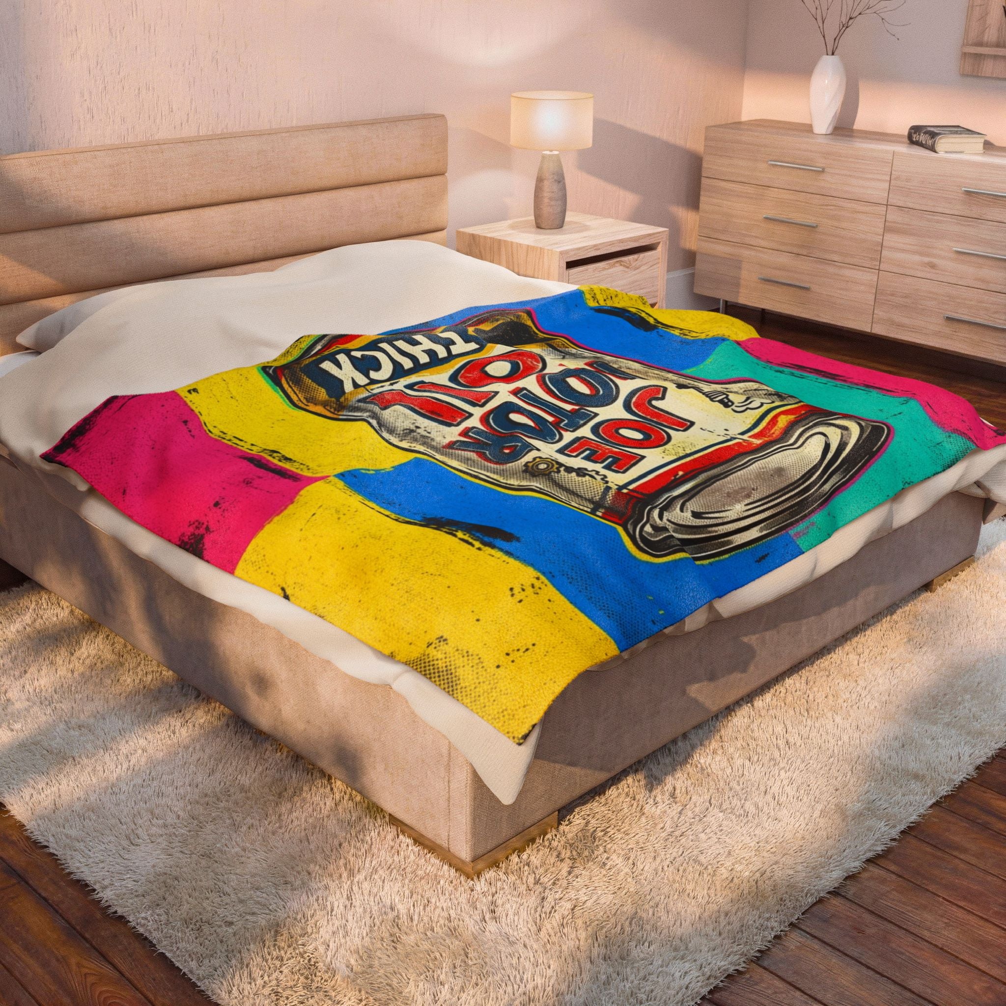 Pop Art Motor Oil Can Velveteen Plush Blanket — Retro Garage Throw