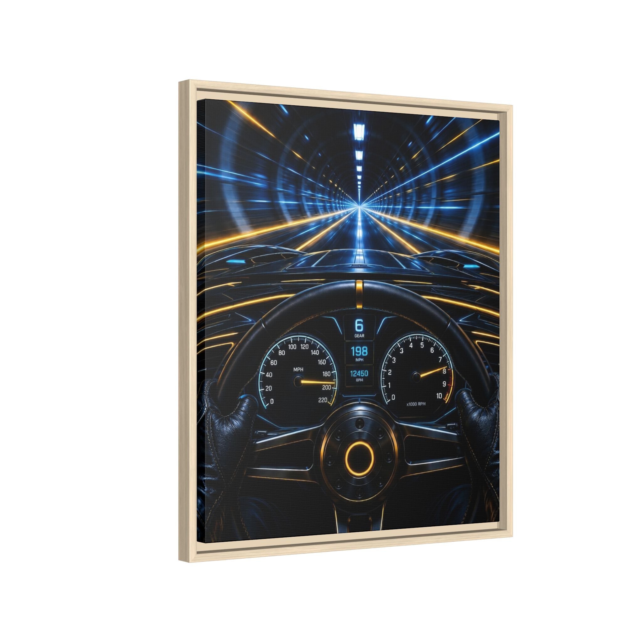 Tunnel Drive Framed Canvas Print — Retro Futuristic Car Dashboard Wall Art