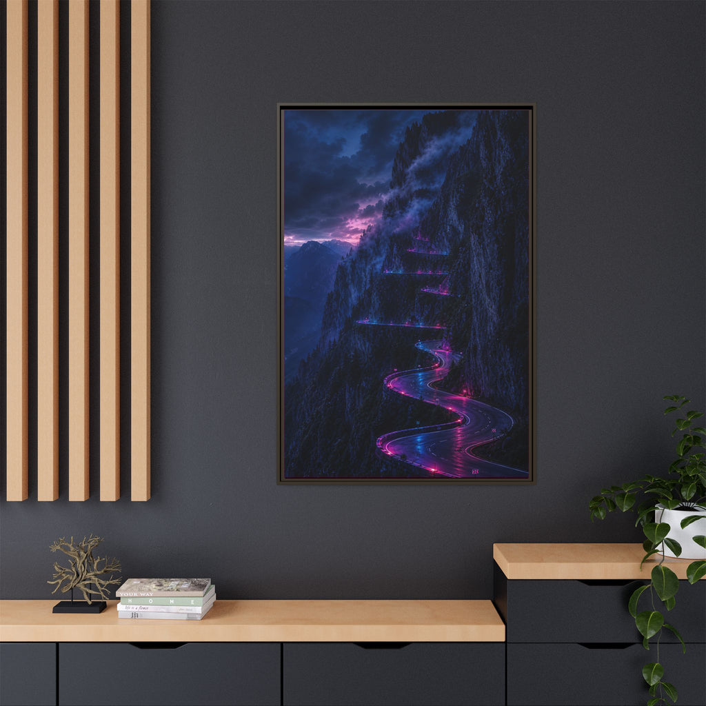 Neon Mountain Road Matte Canvas Print — Framed Nightscape Wall Art