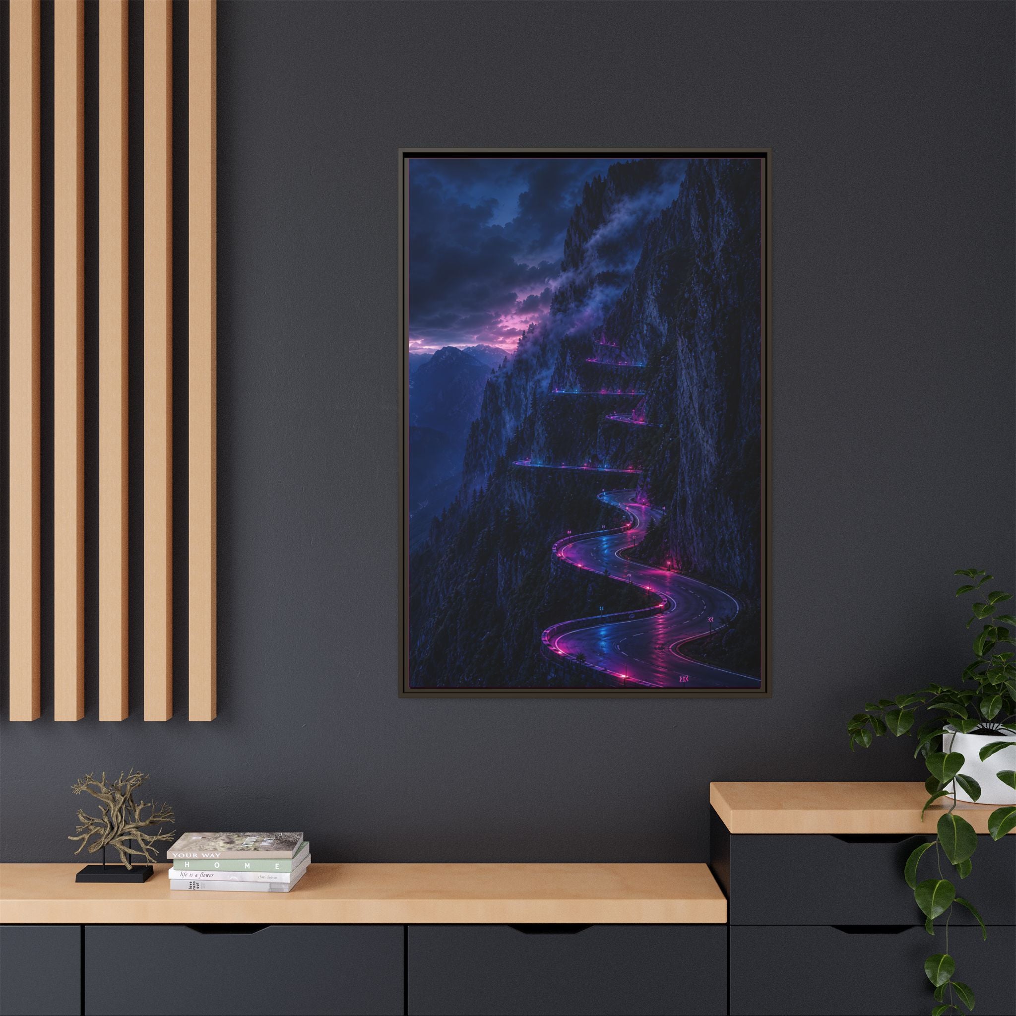 Neon Mountain Road Matte Canvas Print — Framed Nightscape Wall Art