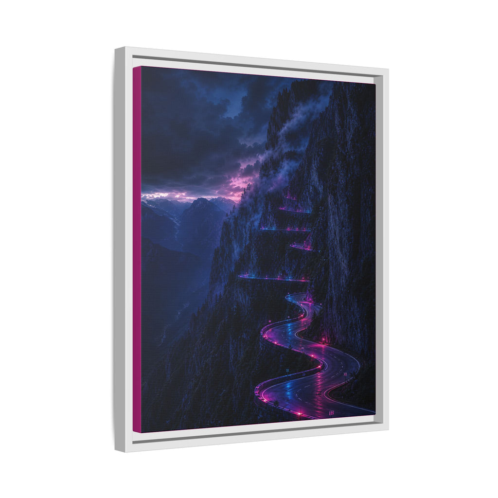 Neon Mountain Road Matte Canvas Print — Framed Nightscape Wall Art