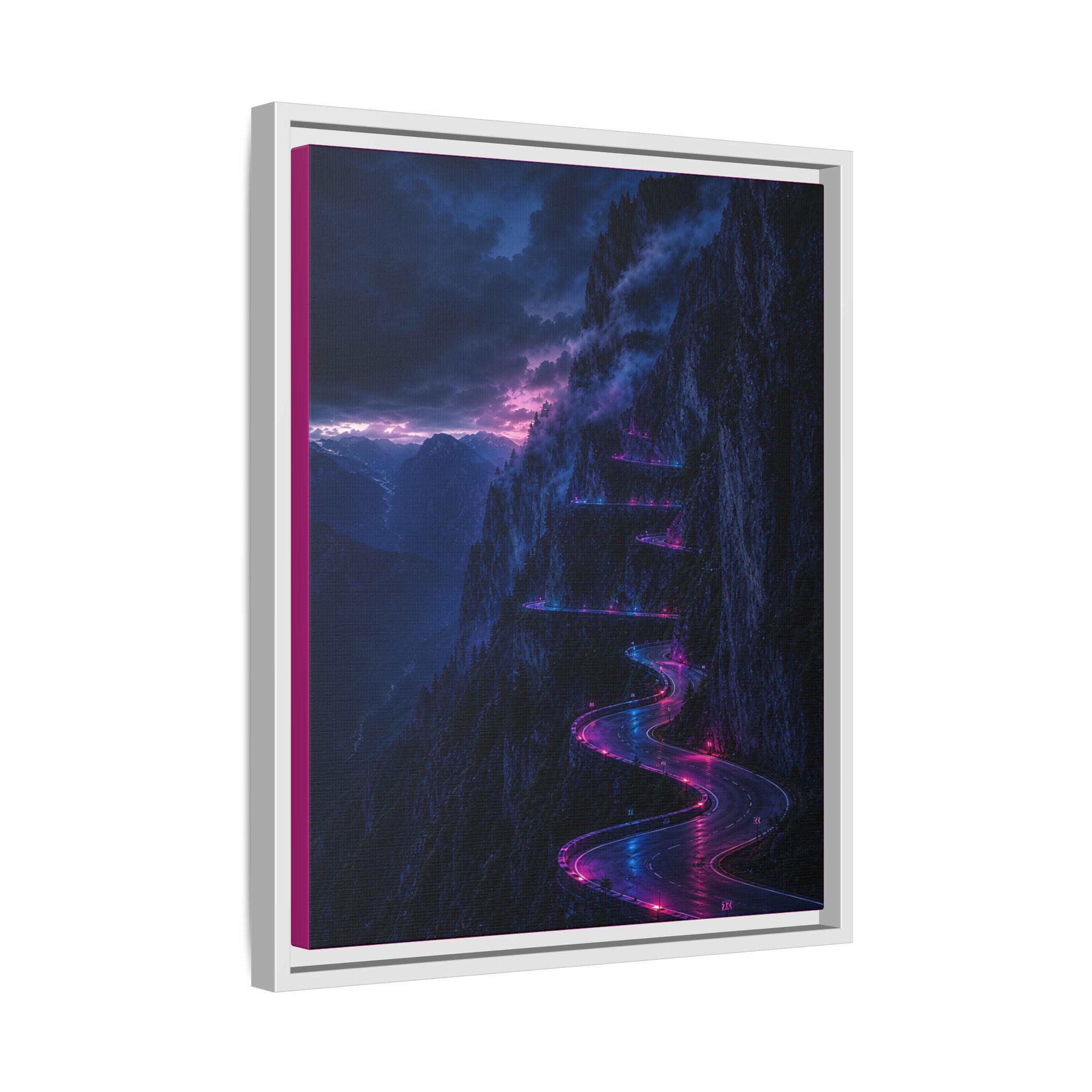Neon Mountain Road Matte Canvas Print — Framed Nightscape Wall Art