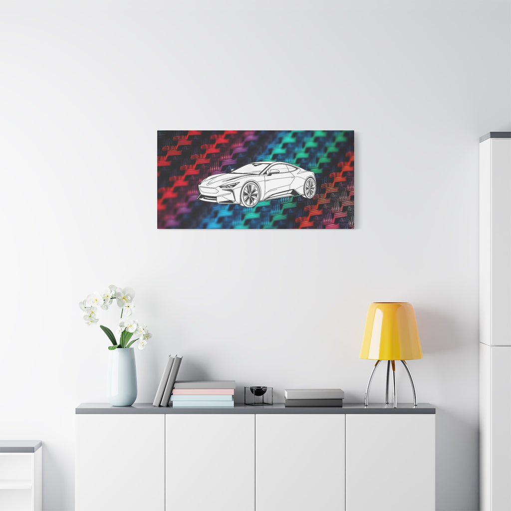 Modern Sports Car Canvas Wall Art – White Line Drawing on Rainbow Carbon Fiber Background