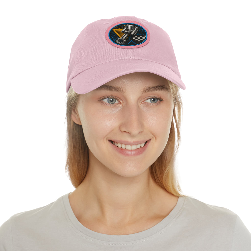 Racing Piston Patch Dad Hat — Vintage Motorhead Leather Patch Cap