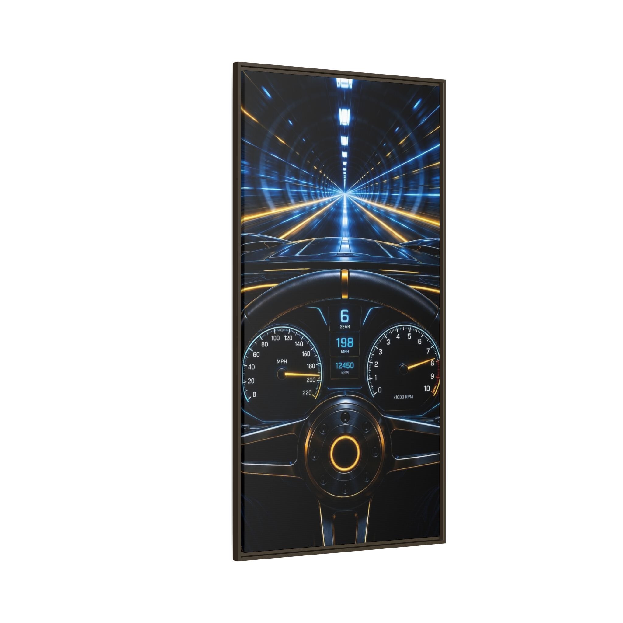 Tunnel Drive Framed Canvas Print — Retro Futuristic Car Dashboard Wall Art