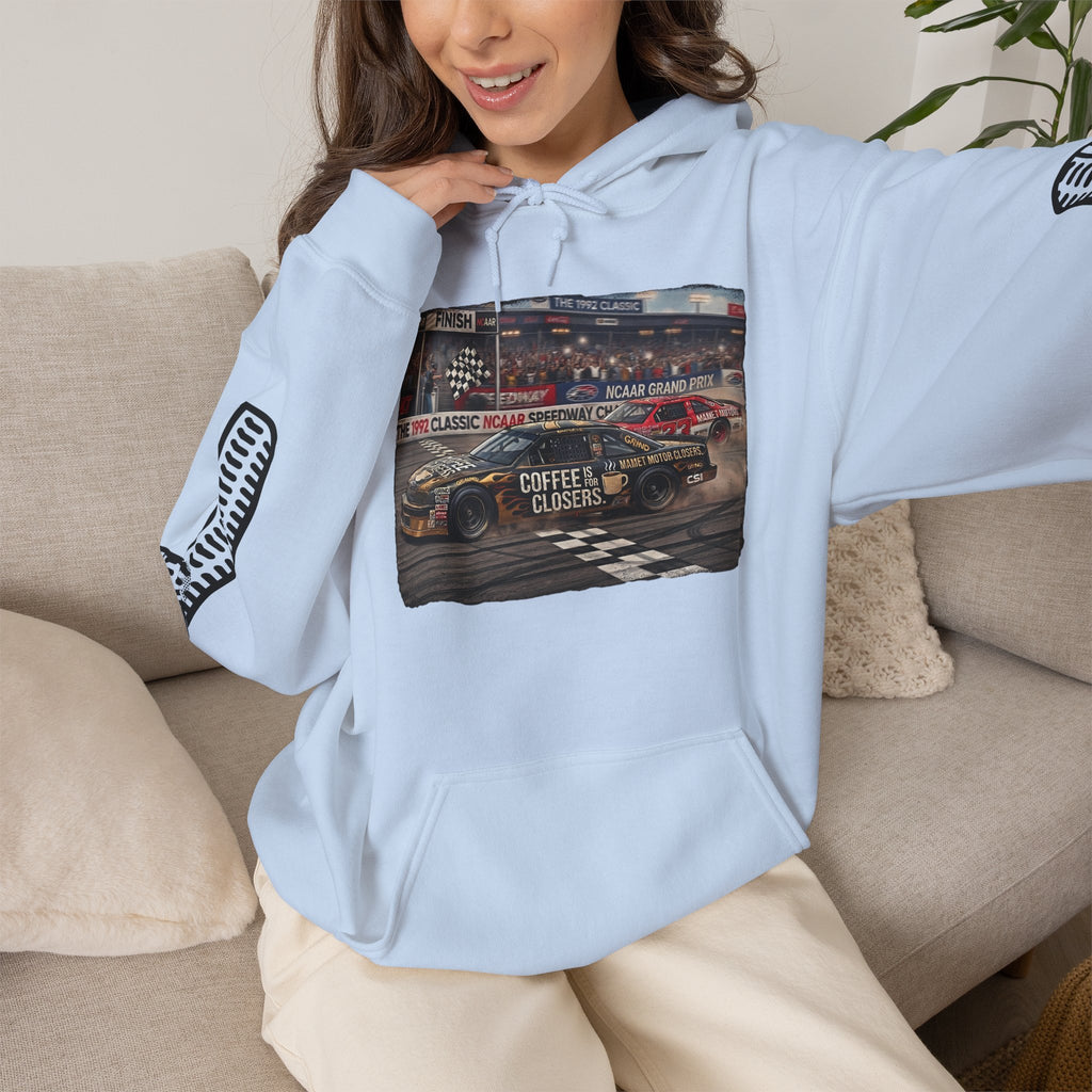 Racing Garage Hooded Sweatshirt — Vintage Racecar Track Scene