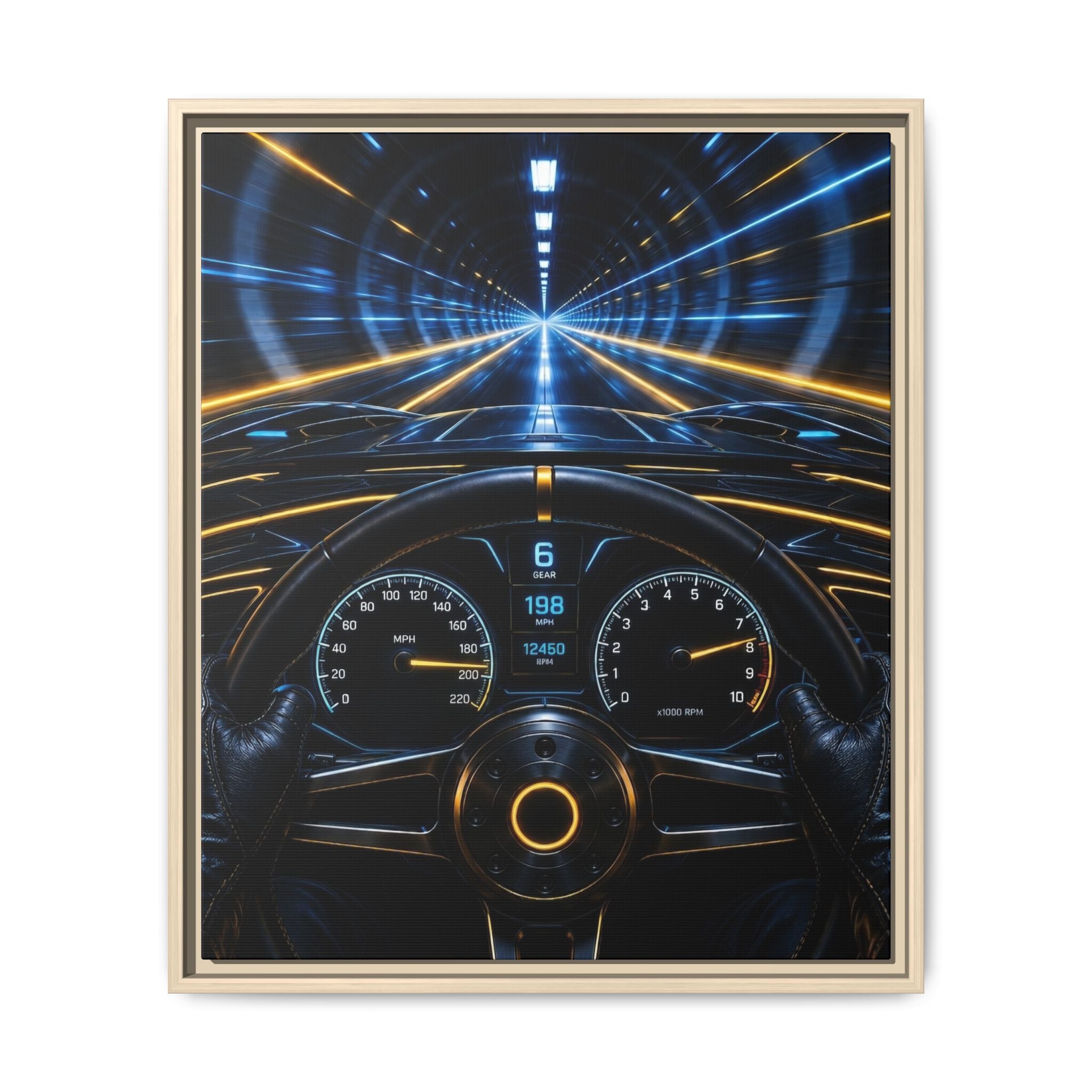 Tunnel Drive Framed Canvas Print — Retro Futuristic Car Dashboard Wall Art