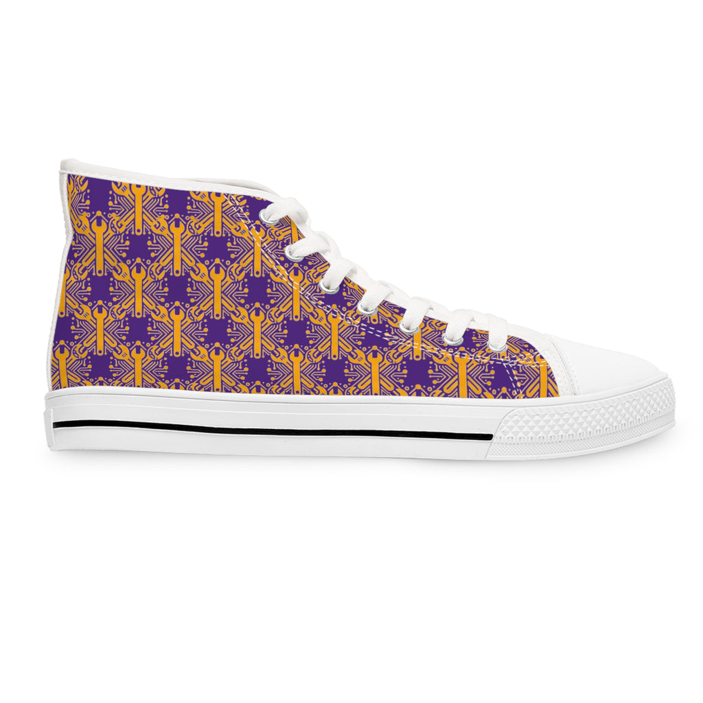 Purple and Gold Wrench High-Tops — Women's Patterned Canvas Shoes