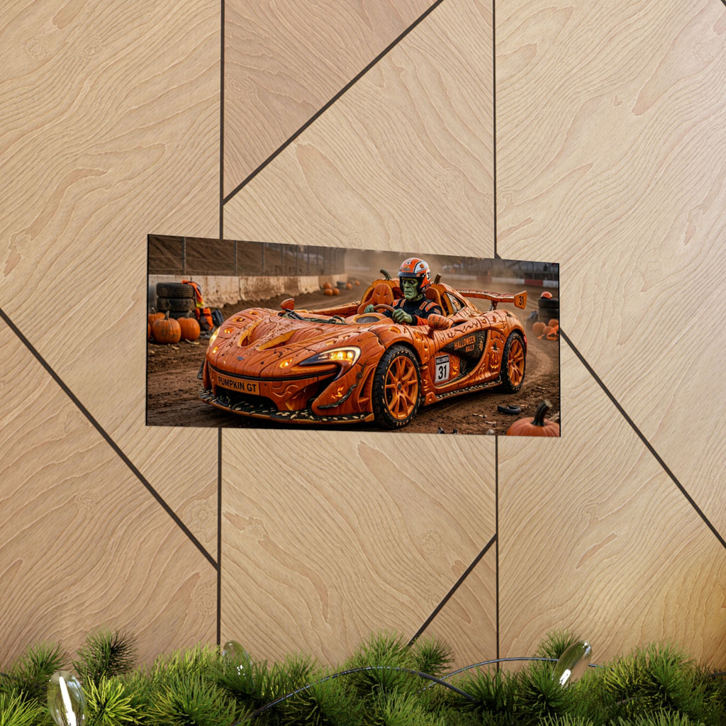 Halloween Race Car Poster — Orange Pumpkin Sports Car Matte Horizontal Print