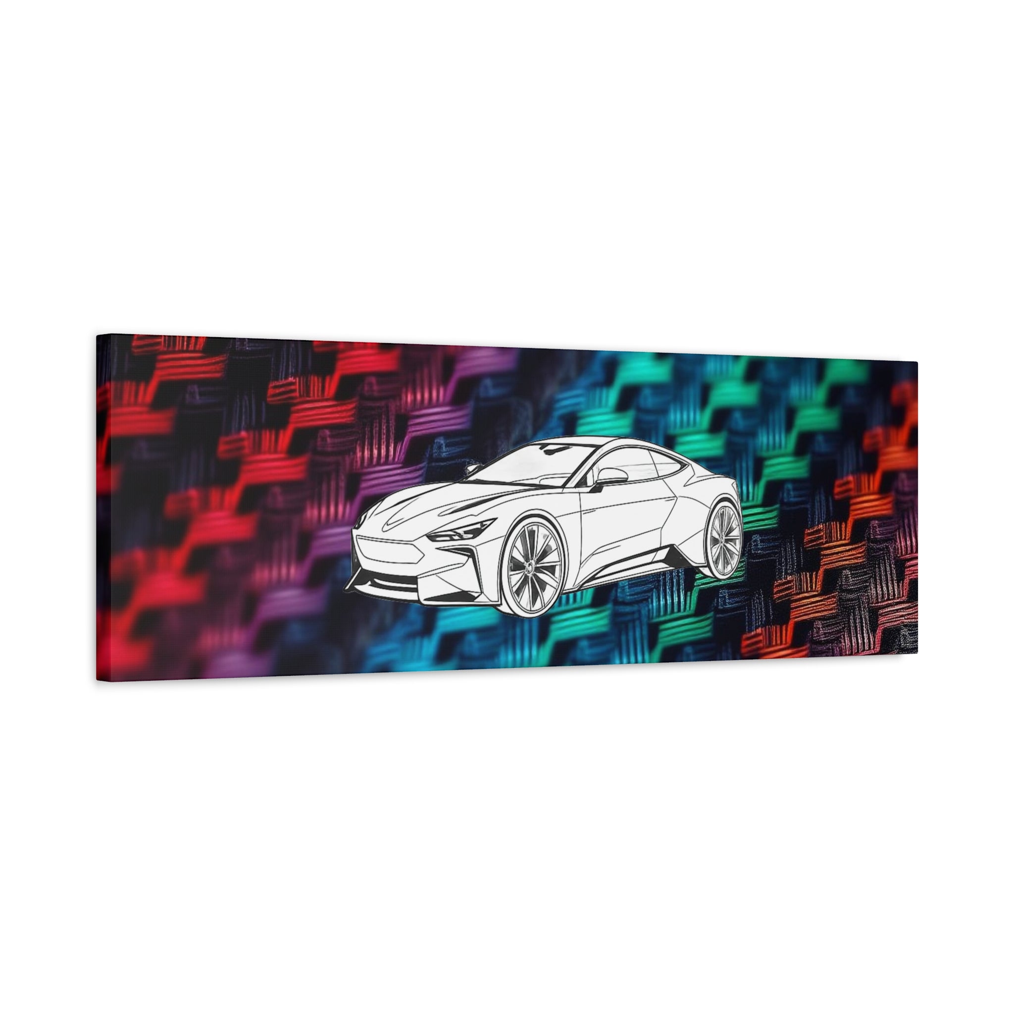 Modern Sports Car Canvas Wall Art – White Line Drawing on Rainbow Carbon Fiber Background