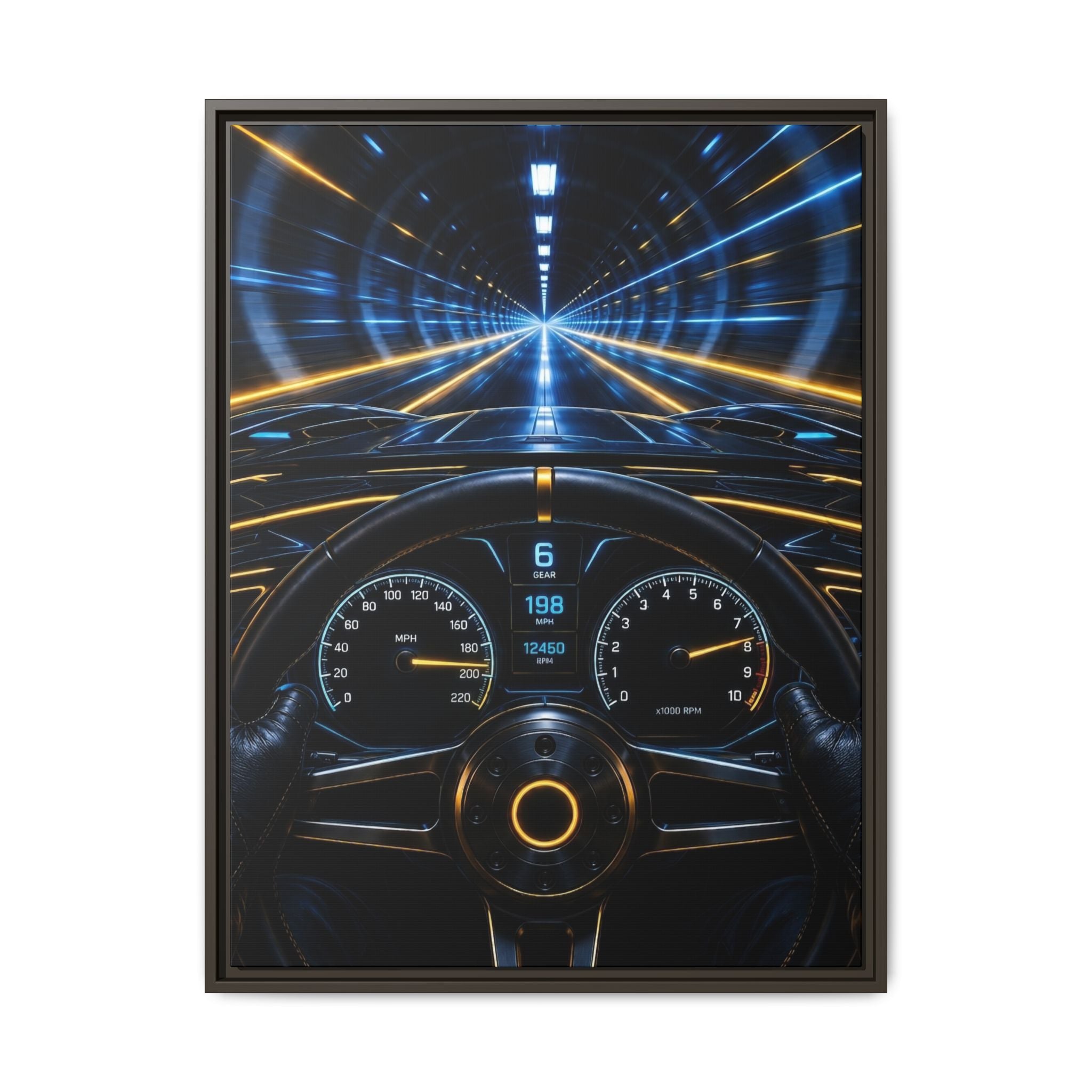 Tunnel Drive Framed Canvas Print — Retro Futuristic Car Dashboard Wall Art