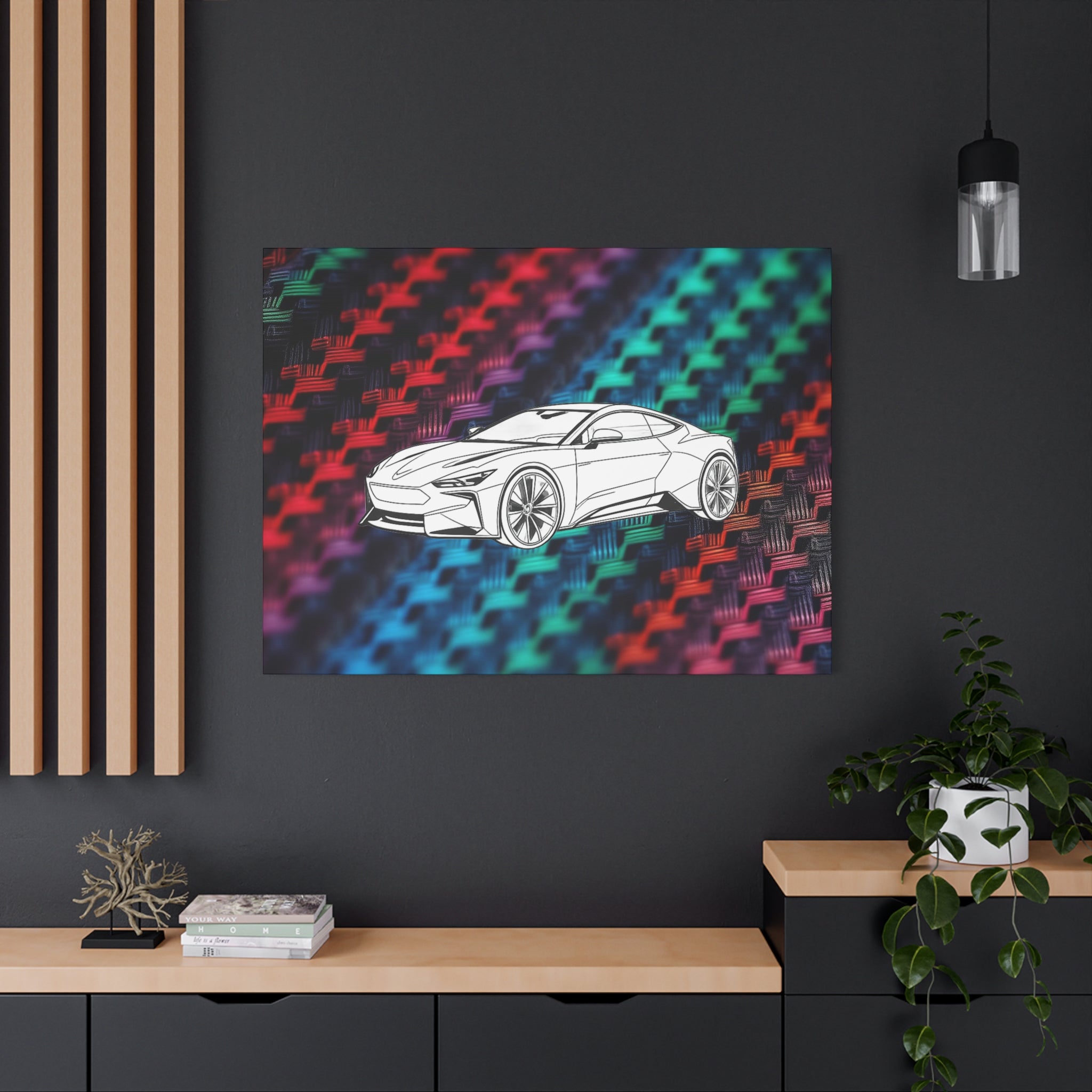 Modern Sports Car Canvas Wall Art – White Line Drawing on Rainbow Carbon Fiber Background