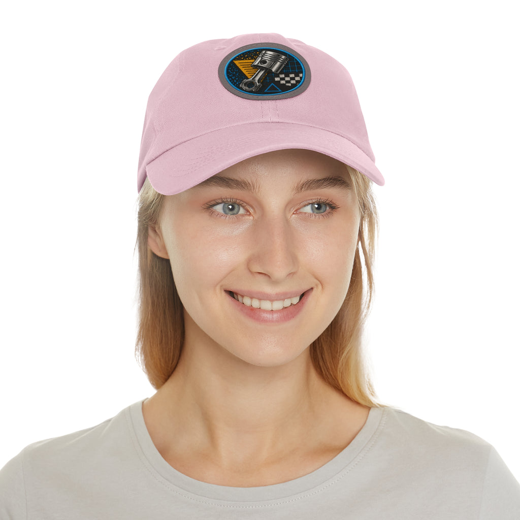 Racing Piston Patch Dad Hat — Vintage Motorhead Leather Patch Cap