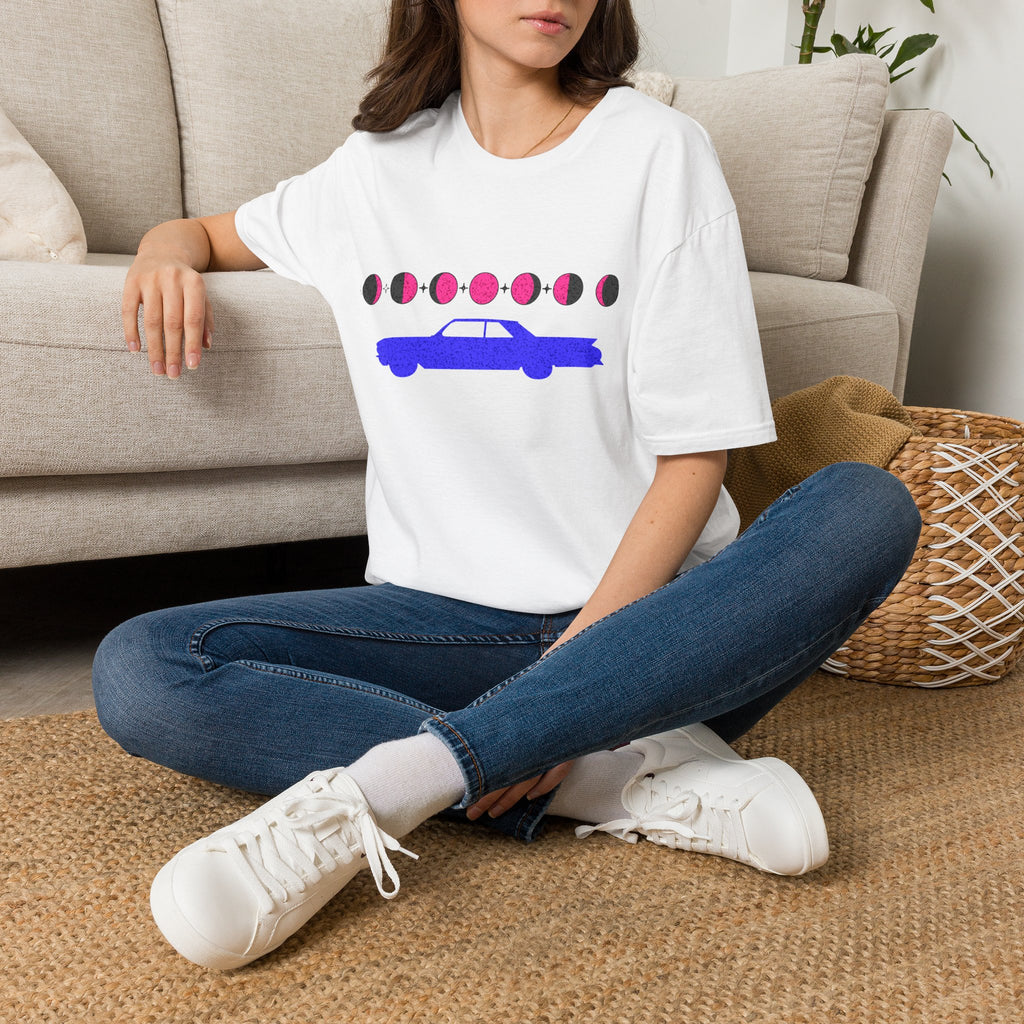Retro Moon Phase Car T‑Shirt — Blue Classic Car with Pink Moon Phases