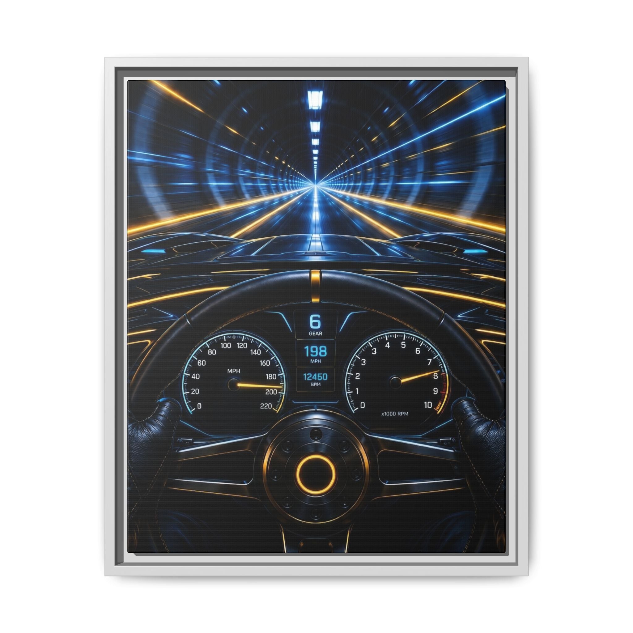 Tunnel Drive Framed Canvas Print — Retro Futuristic Car Dashboard Wall Art