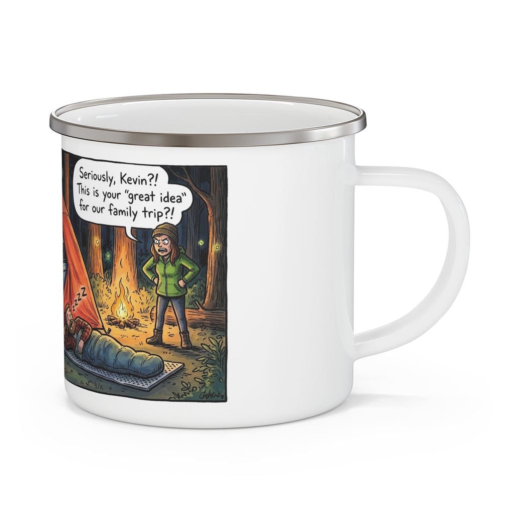 Enamel Camping Mug — Funny Car Tent Camping Cartoon