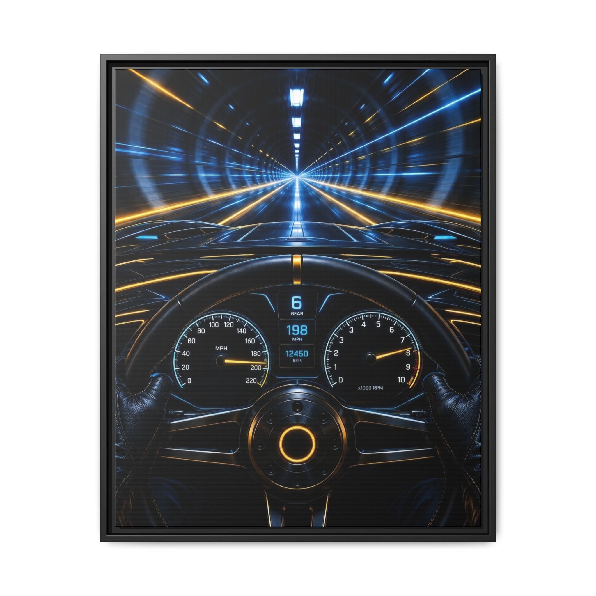 Tunnel Drive Framed Canvas Print — Retro Futuristic Car Dashboard Wall Art