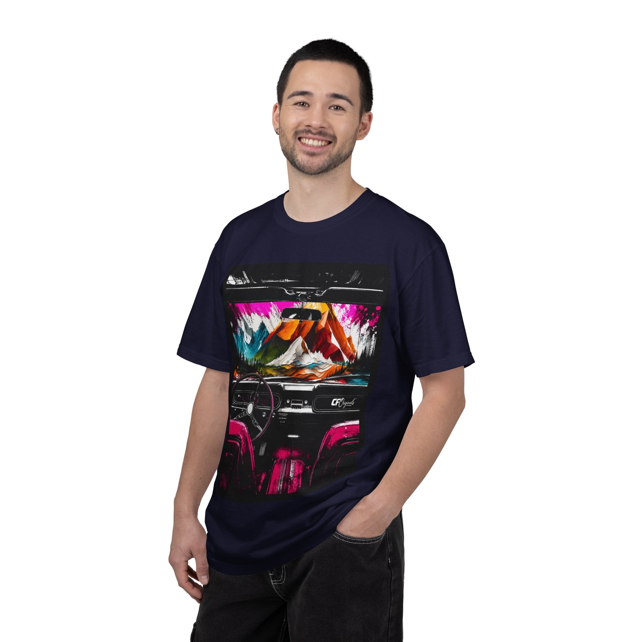 CarFits.store Big Prints T-Shirt — Retro Engine & Scenic Drive