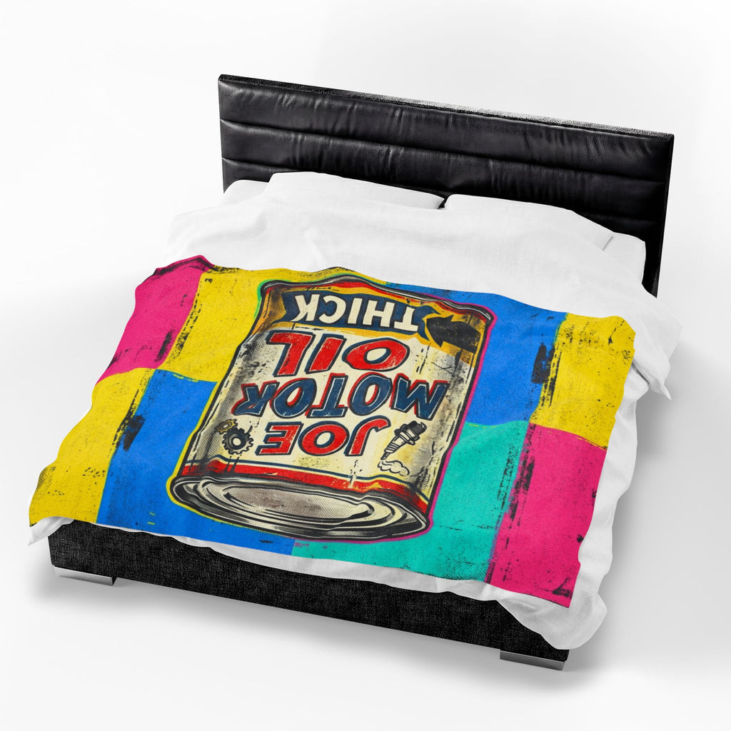 Pop Art Motor Oil Can Velveteen Plush Blanket — Retro Garage Throw