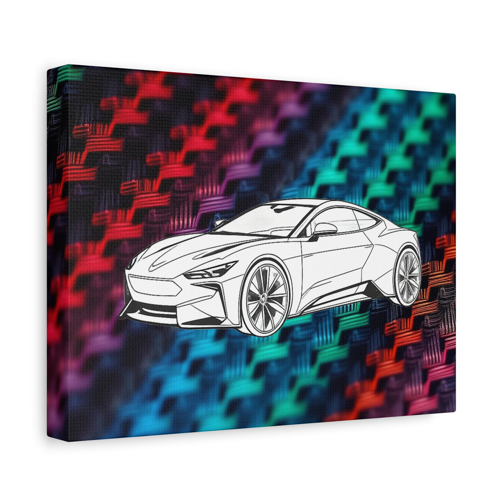 Modern Sports Car Canvas Wall Art – White Line Drawing on Rainbow Carbon Fiber Background