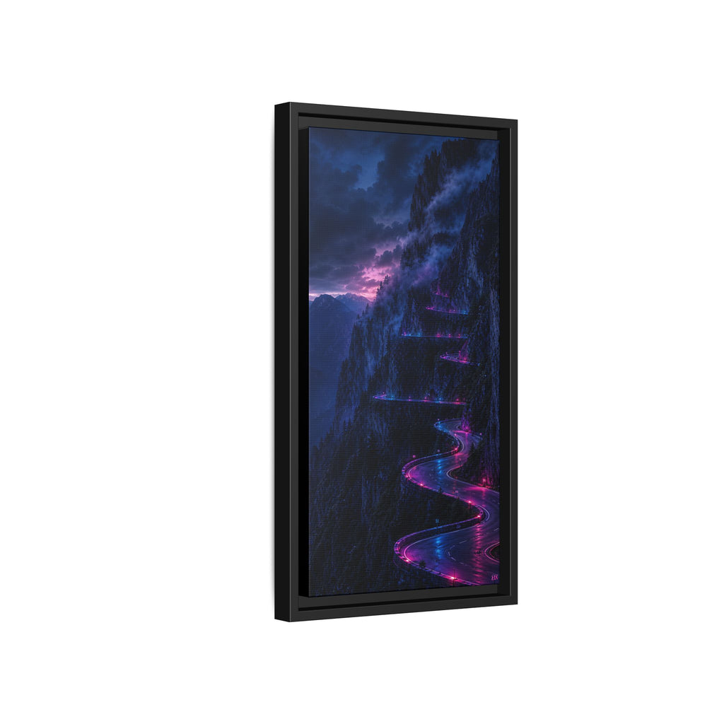 Neon Mountain Road Matte Canvas Print — Framed Nightscape Wall Art
