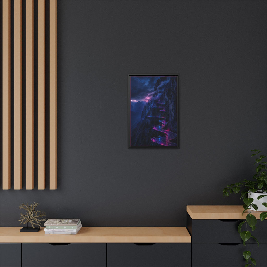 Neon Mountain Road Matte Canvas Print — Framed Nightscape Wall Art