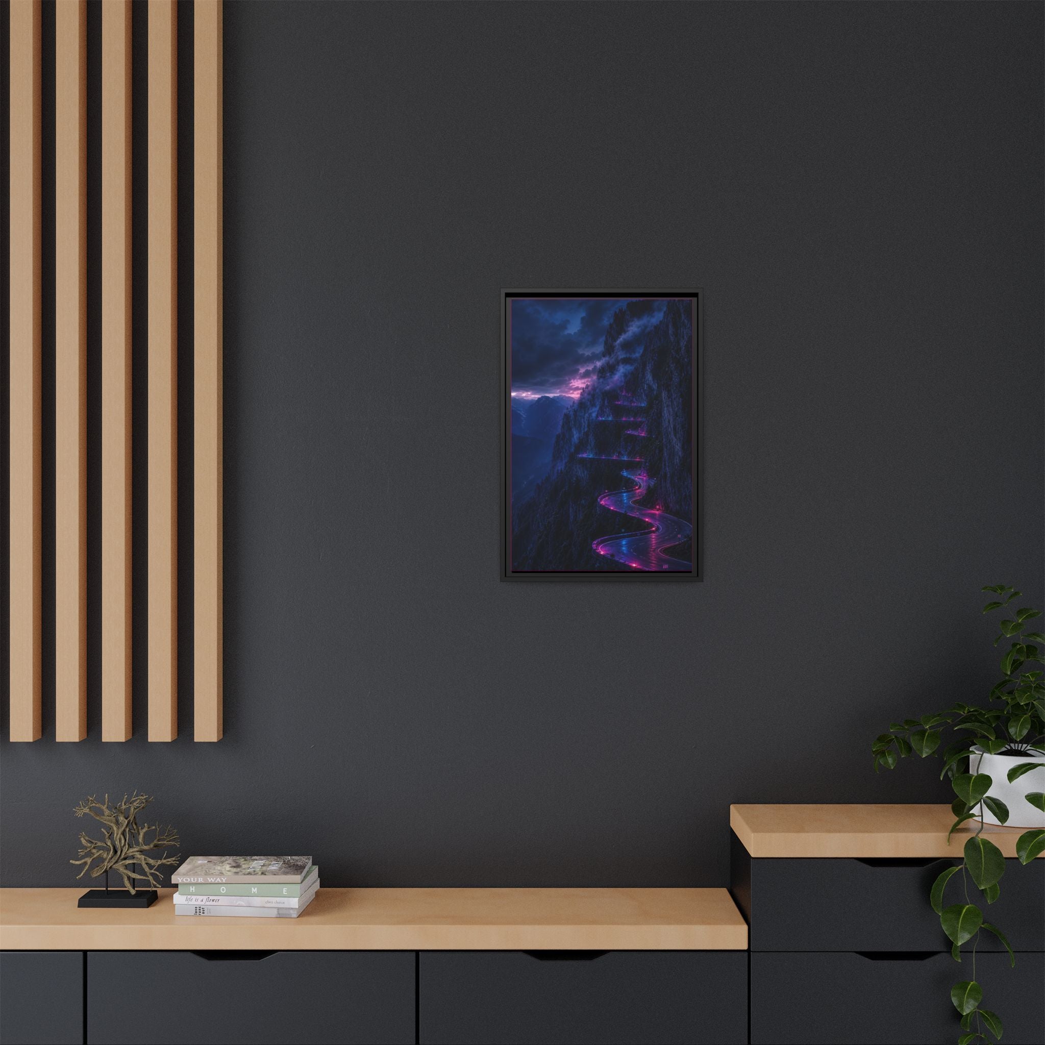 Neon Mountain Road Matte Canvas Print — Framed Nightscape Wall Art