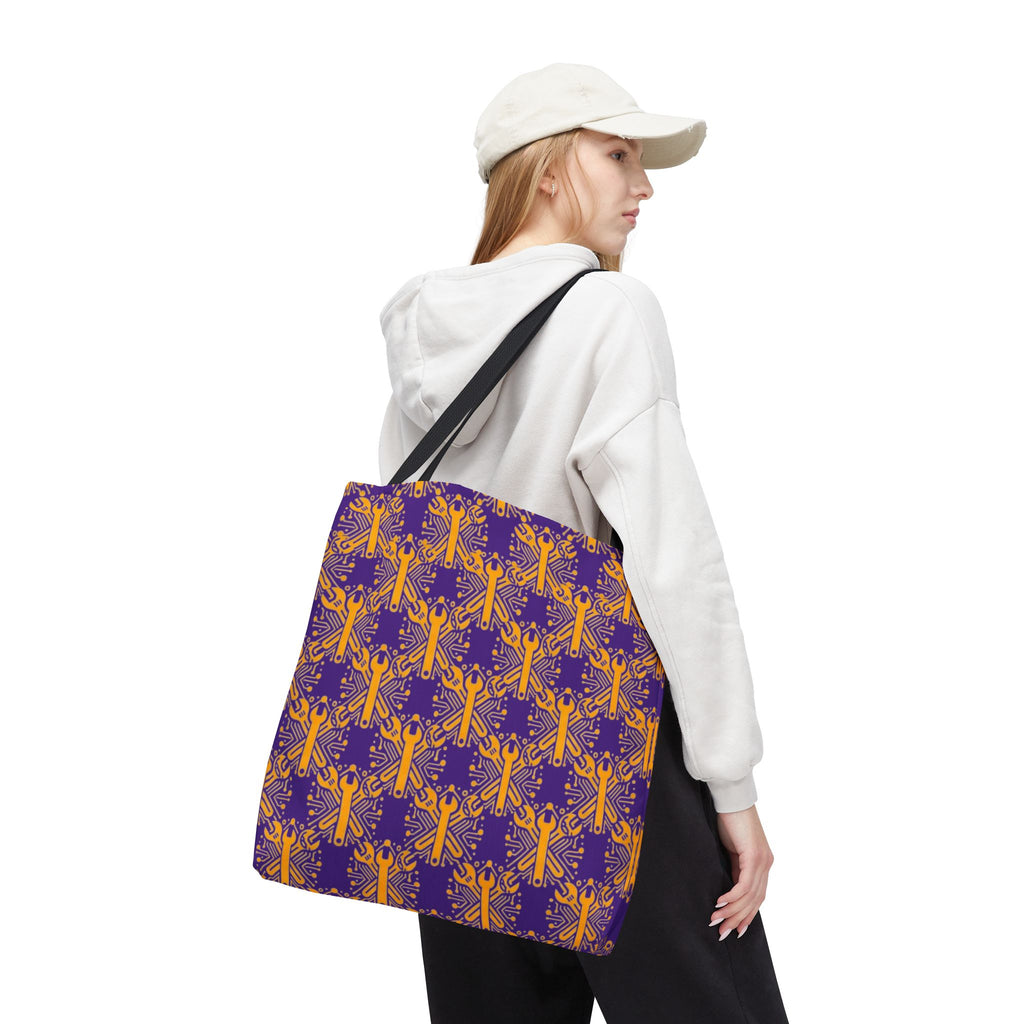 Purple & Gold Wrench Pattern Tote Bag – Automotive All-Over Print Tote