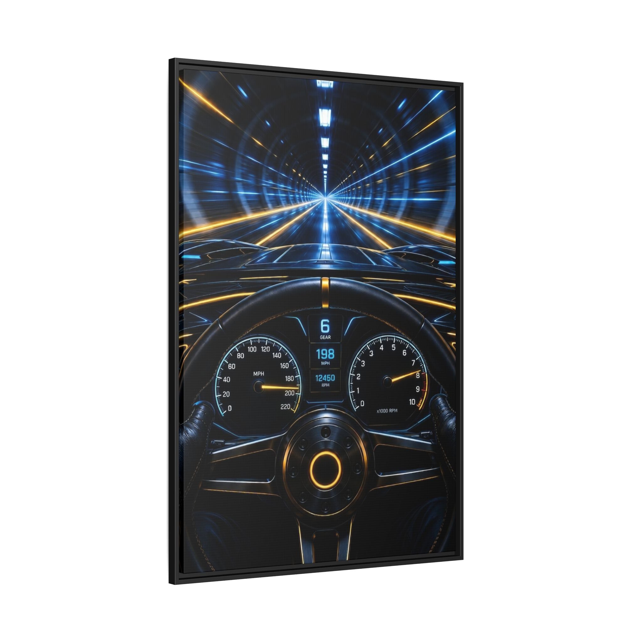 Tunnel Drive Framed Canvas Print — Retro Futuristic Car Dashboard Wall Art