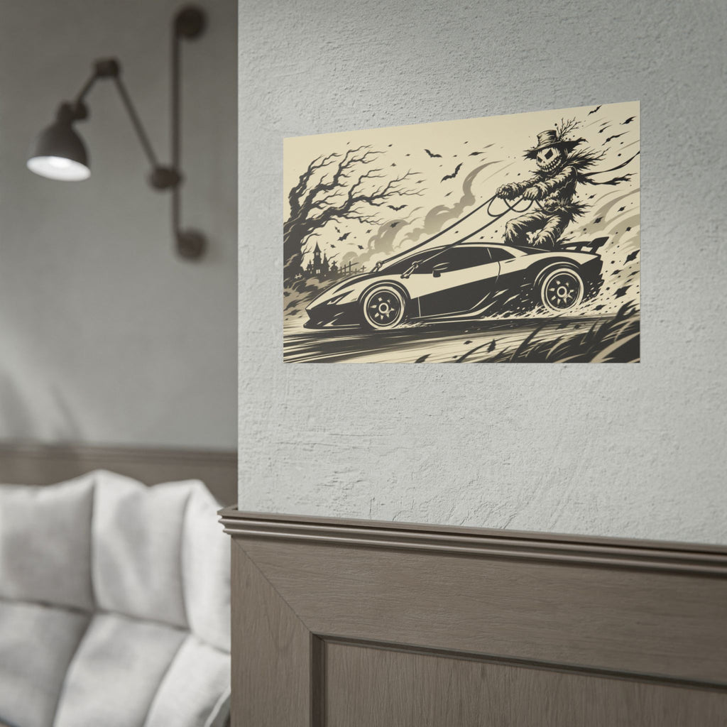 Poster - Scarecrow Driving Sports Car Vintage Halloween Art Print