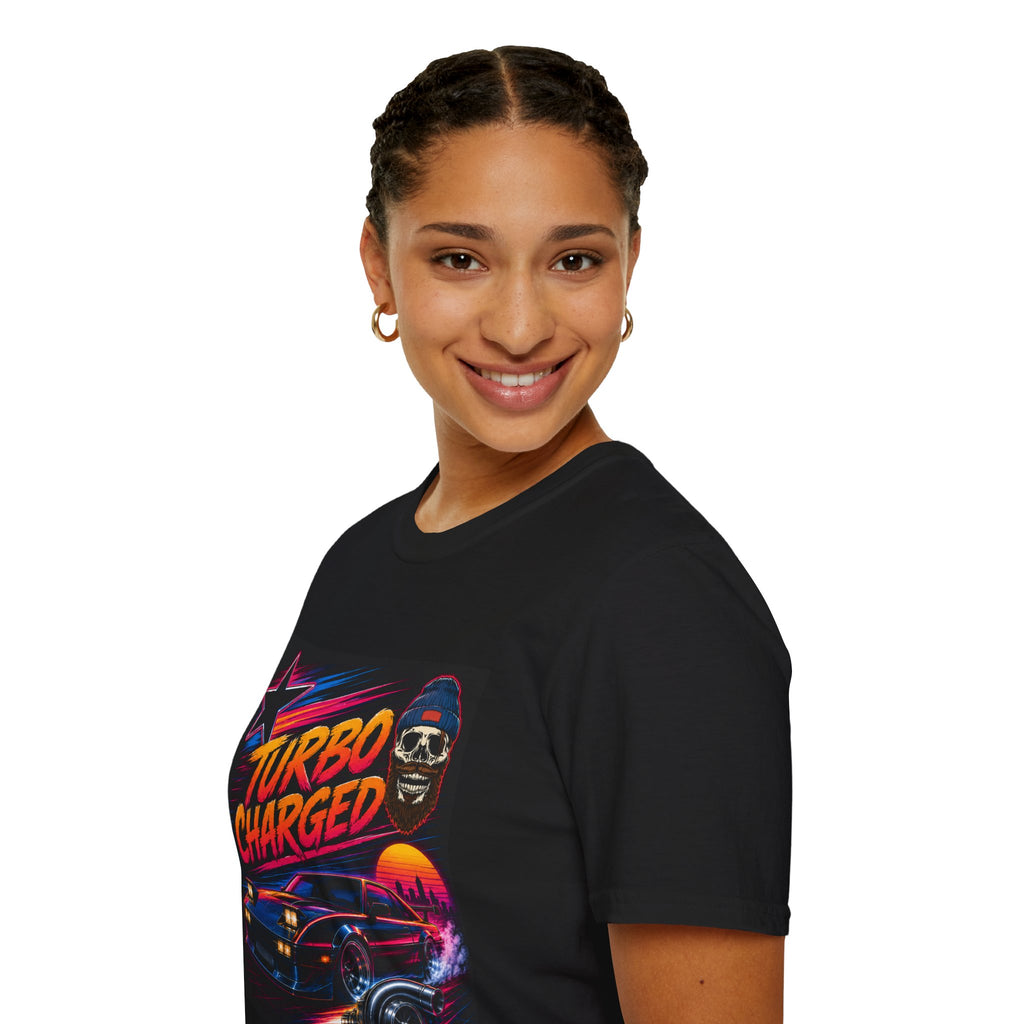 Turbo Charged Retro Car T-Shirt — Neon Racing Skull Design