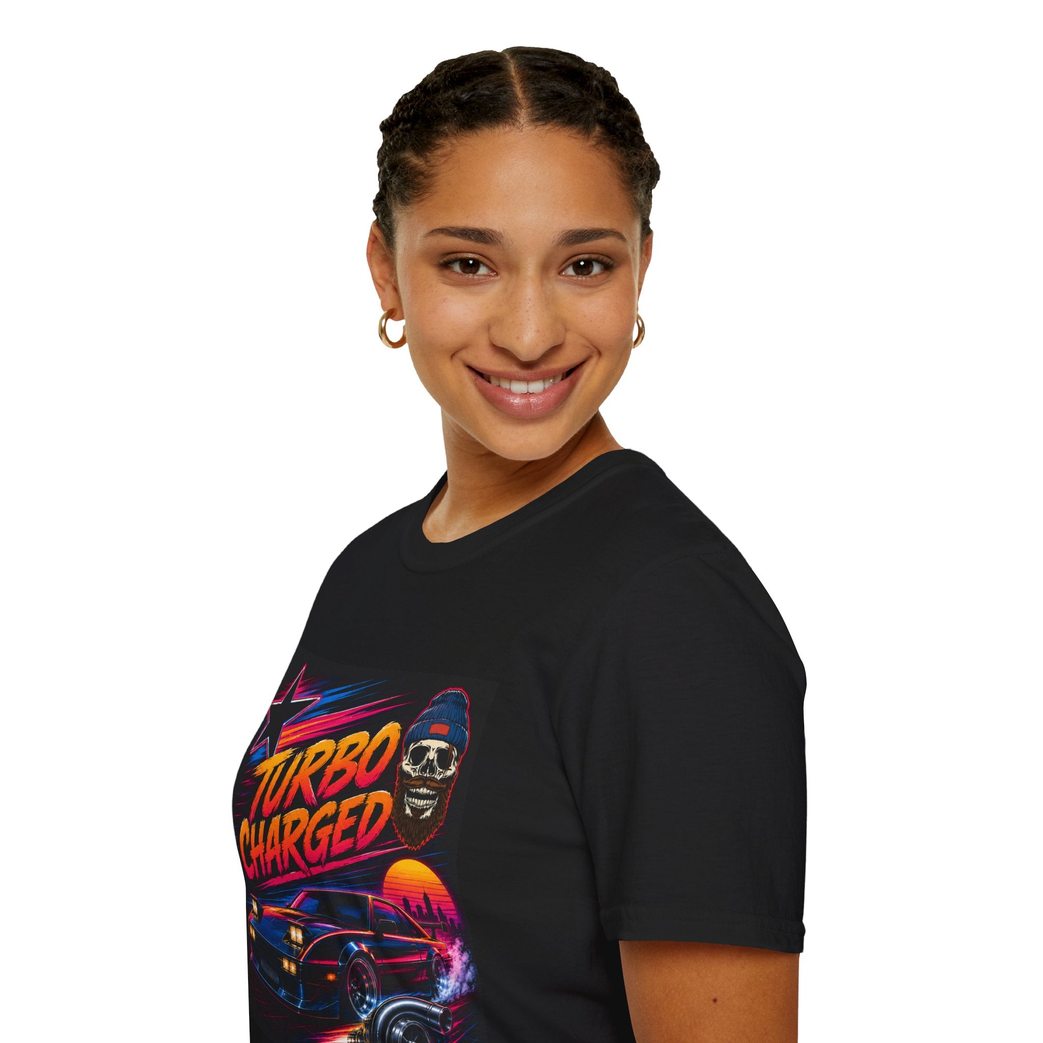 Turbo Charged Retro Car T-Shirt — Neon Racing Skull Design