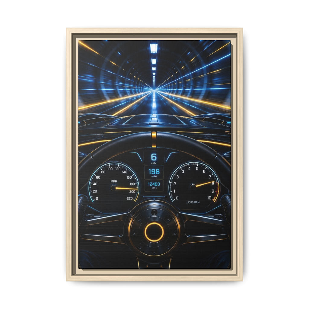 Tunnel Drive Framed Canvas Print — Retro Futuristic Car Dashboard Wall Art